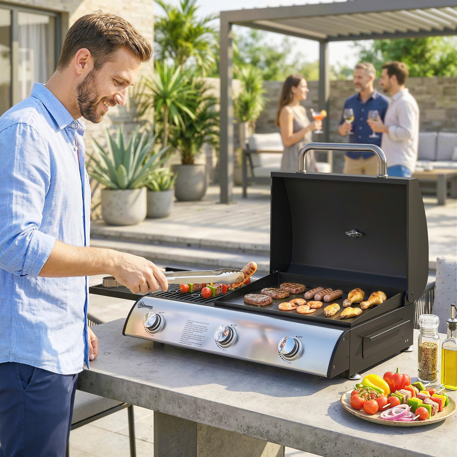 Outsunny 7.5 Kw Portable Portable Gas Plancha Bbq Grill With 3 Burner, Black