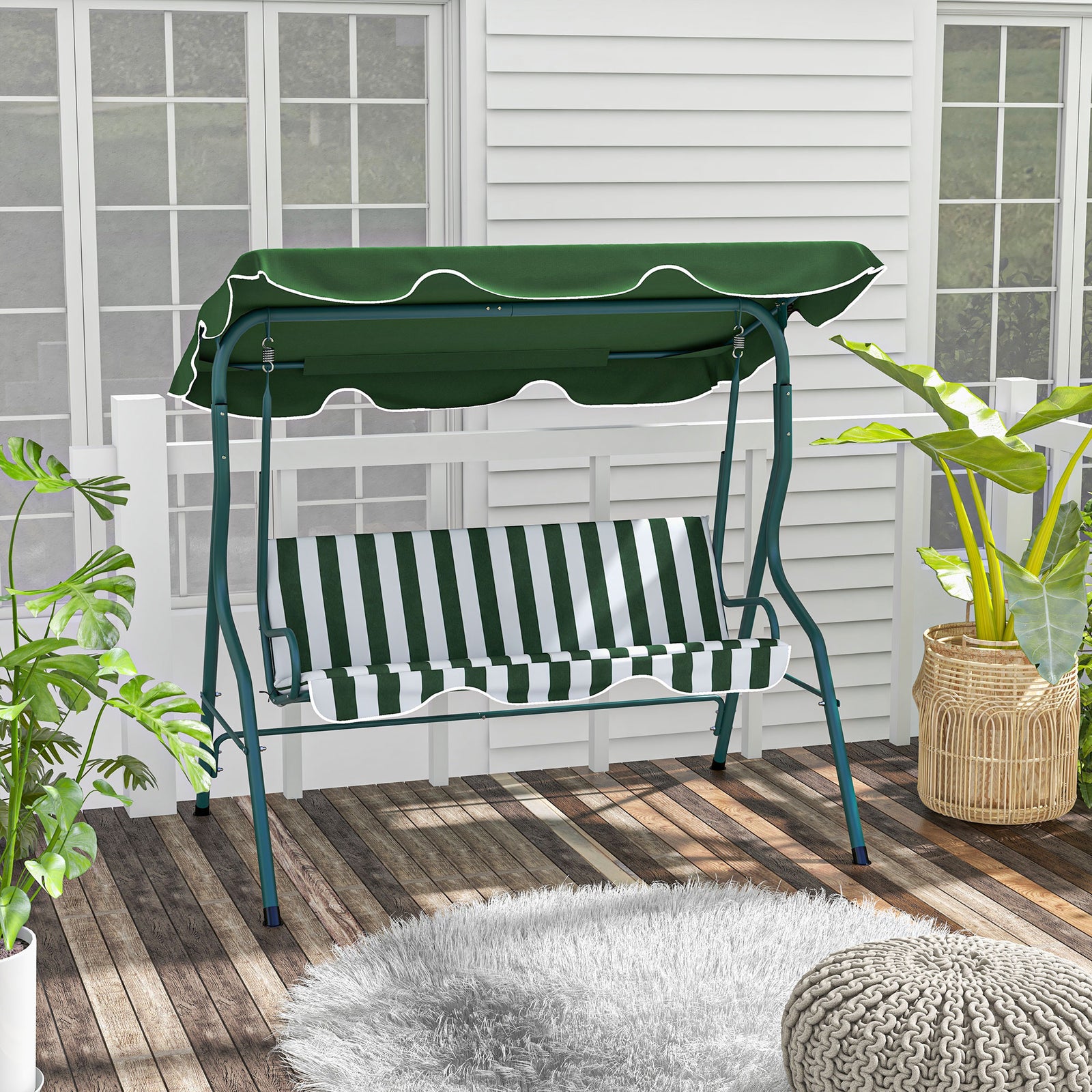 3-person Garden Swing Chair With Adjustable Canopy, Stripes | Green