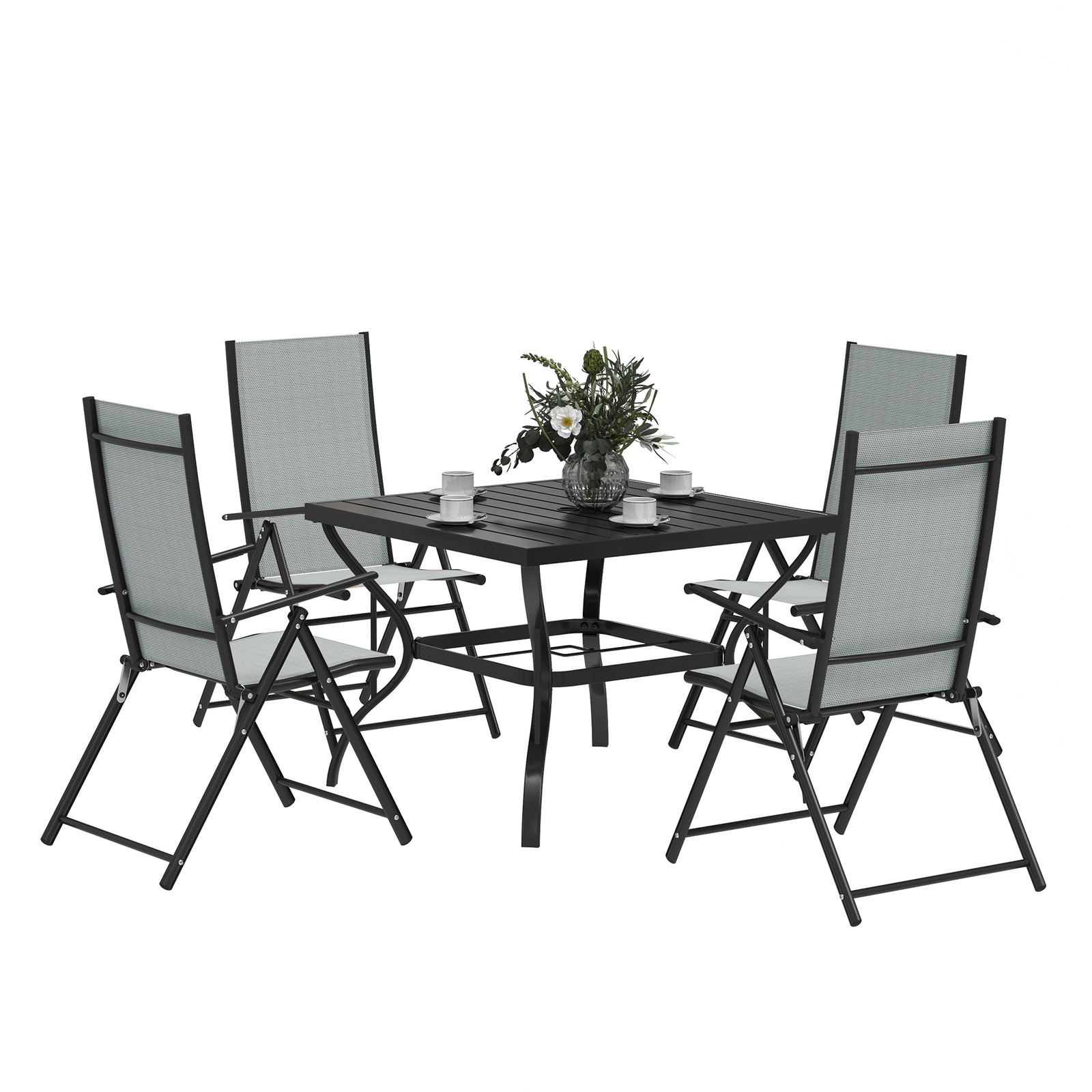 5 Pcs Garden Dining Set, Folding Chairs And Metal Top Table | Gray