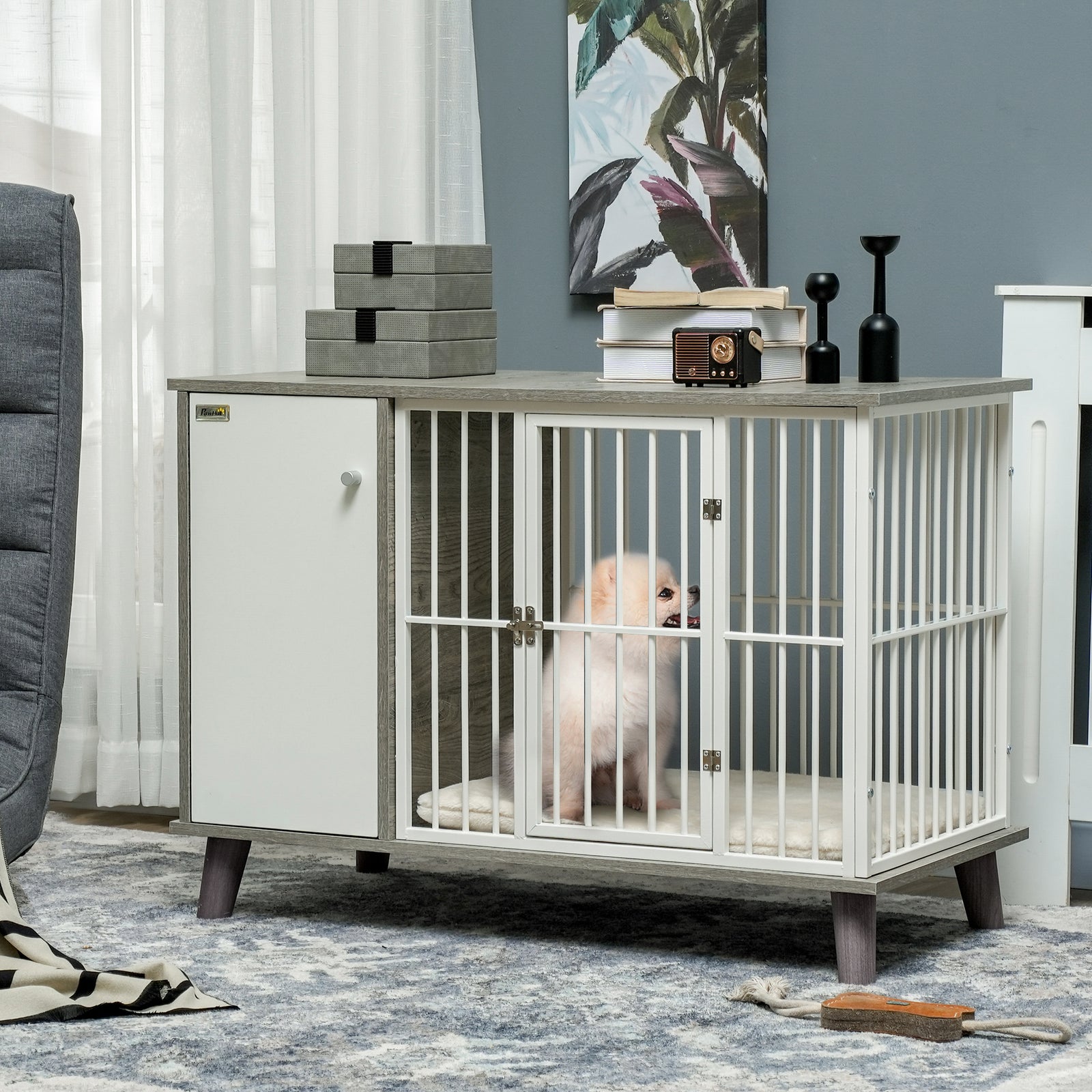 Dog Crate End Table W/ Cushion, 98x48x70.5cm - Grey