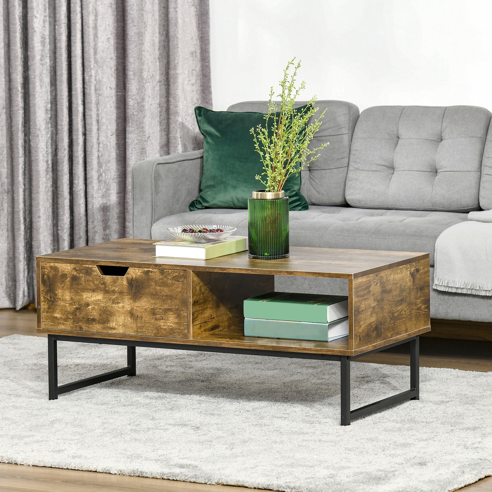 Industrial Coffee Table With Shelf And Drawer