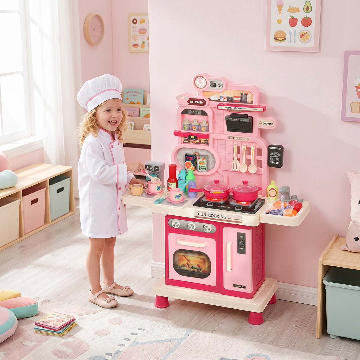 AIYAPLAY 33 Pcs Play Kitchen With Lights, Sounds, Storage, Pink