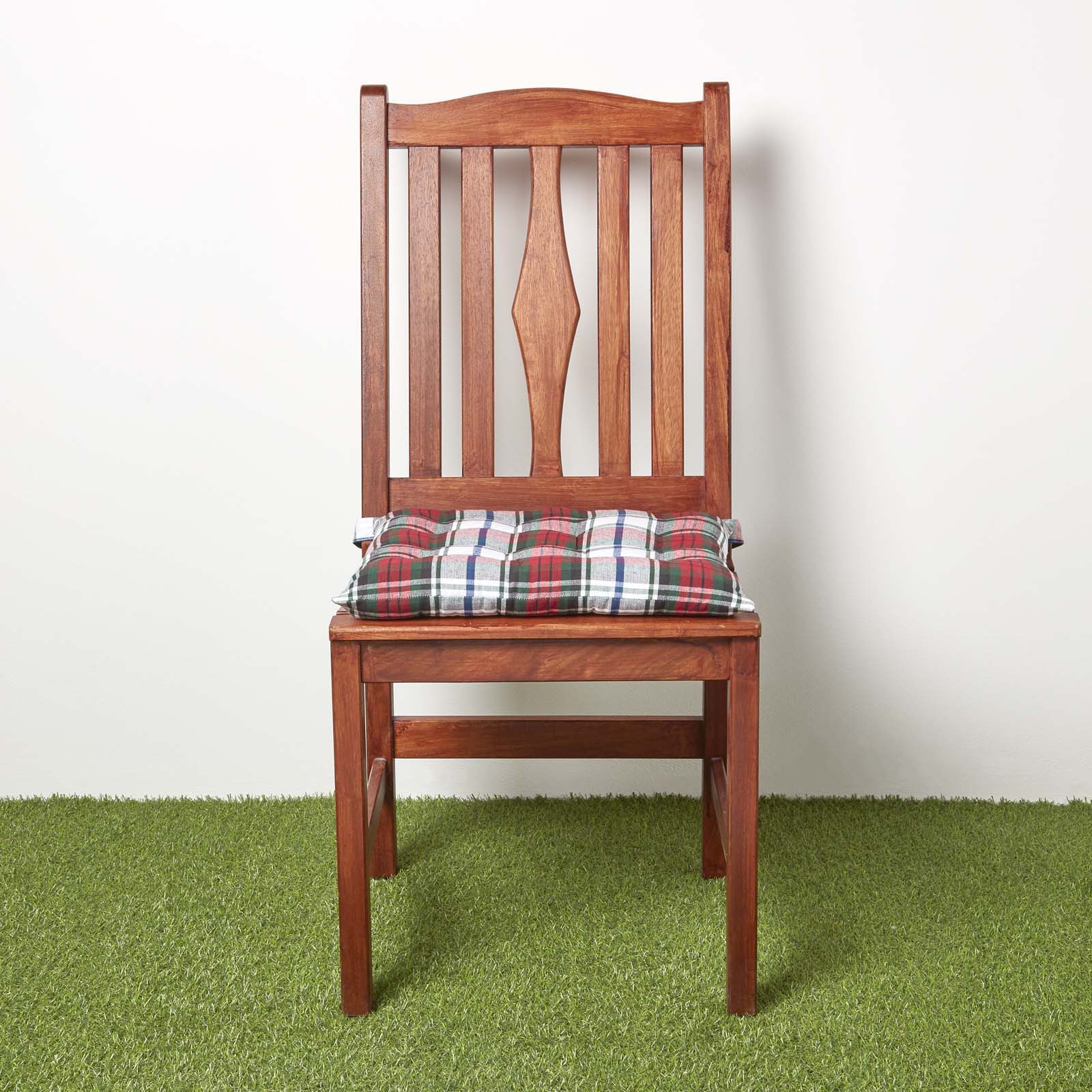 Tartan Check Seat Pad With Button Straps 100% Cotton, 40 X 40 Cm | Set-of-4 | Red