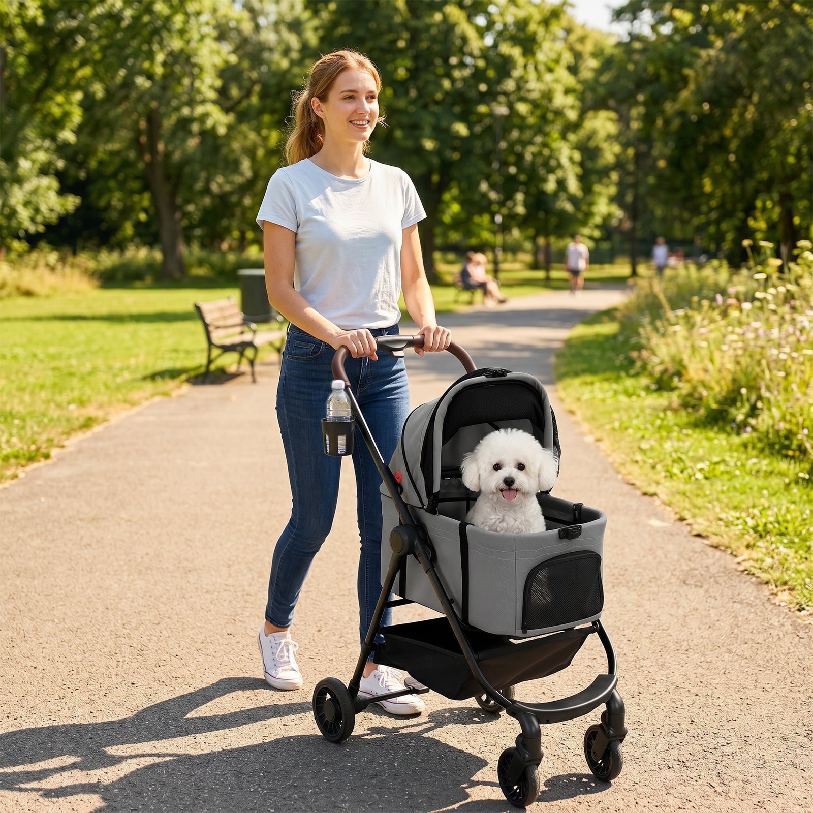 PawHut 3 In 1 Foldable Pet Stroller For Small Dog With Travel Carrier, Grey