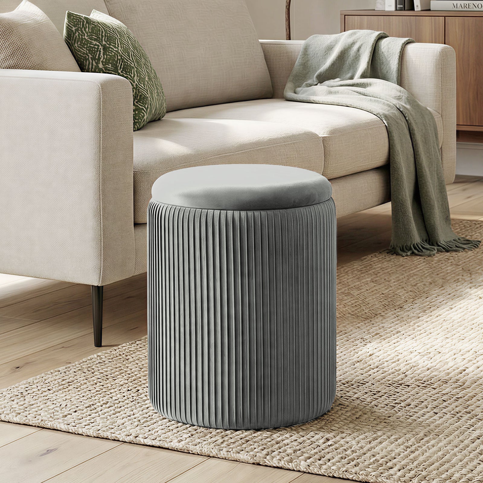Round Storage Ottoman With Removable Top | Grey