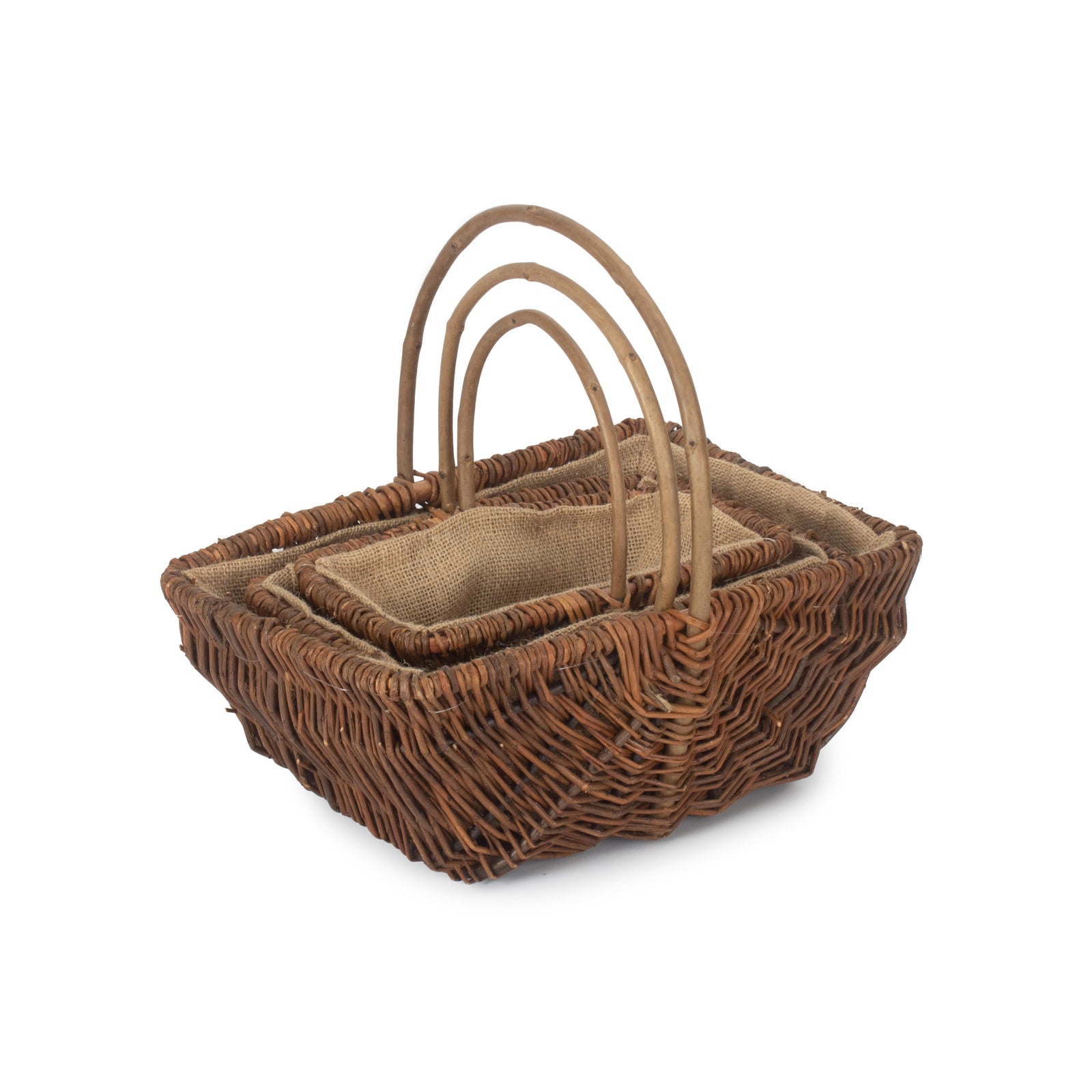 Wicker Rectangular Unpeeled Willow Garden Trug With Hessian Lining | Set-of-3 | Brown