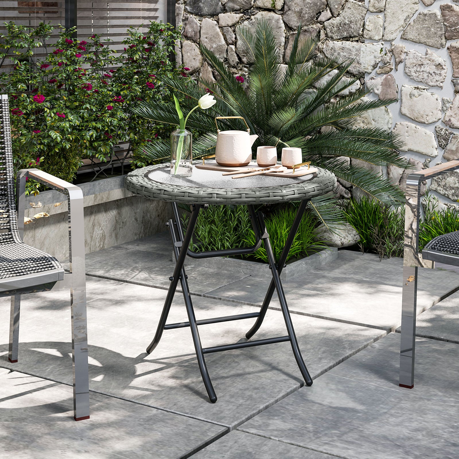 Folding Round Rattan Table W/ Tempered Glass Top For Patio
