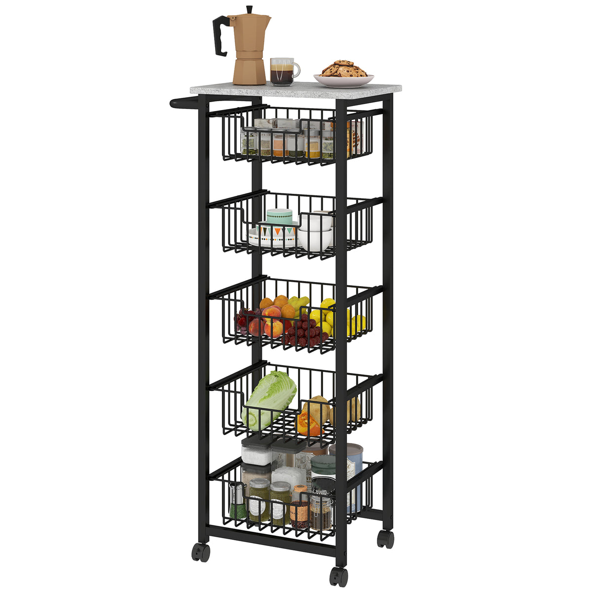 HOMCOM 5-tier Kitchen Island On Wheels With 5 Pull-out Baskets, Light Grey