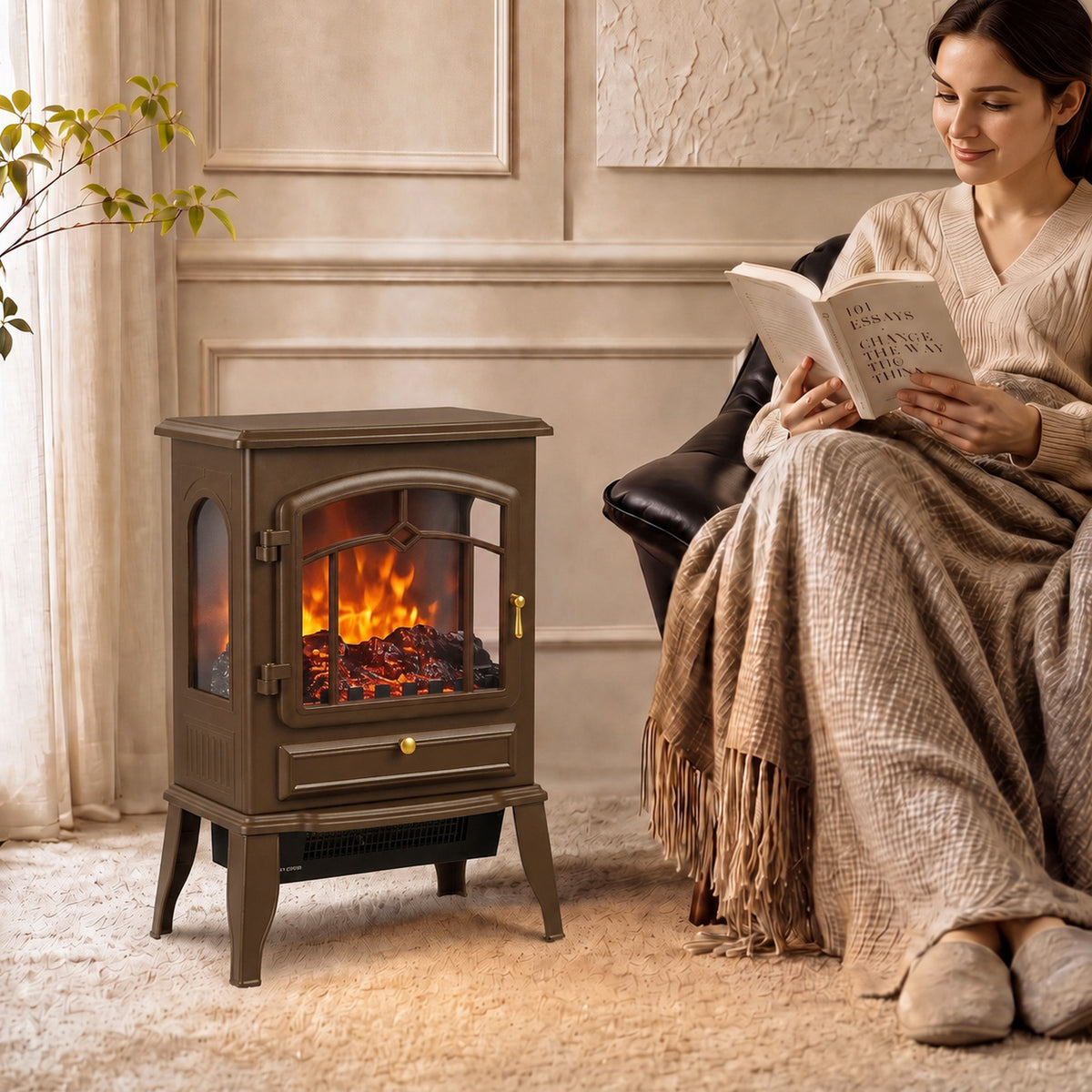 Electric Fireplace Stove With Realisric Log Flame Effect | Brown
