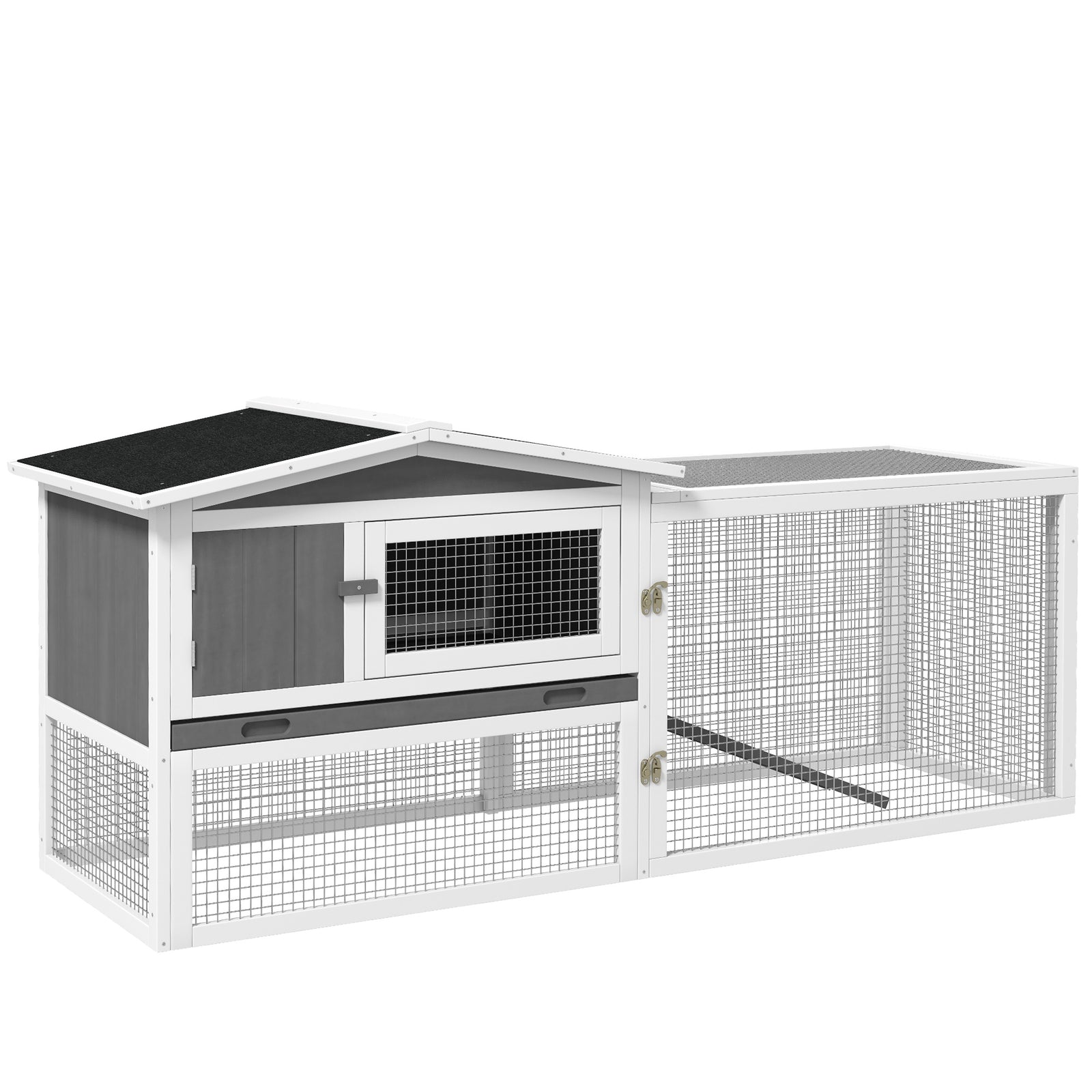 Rabbit Hutch And Run Outdoor W/ Sliding Tray Hay Rack Ramp, 156x58x68cm | Gray