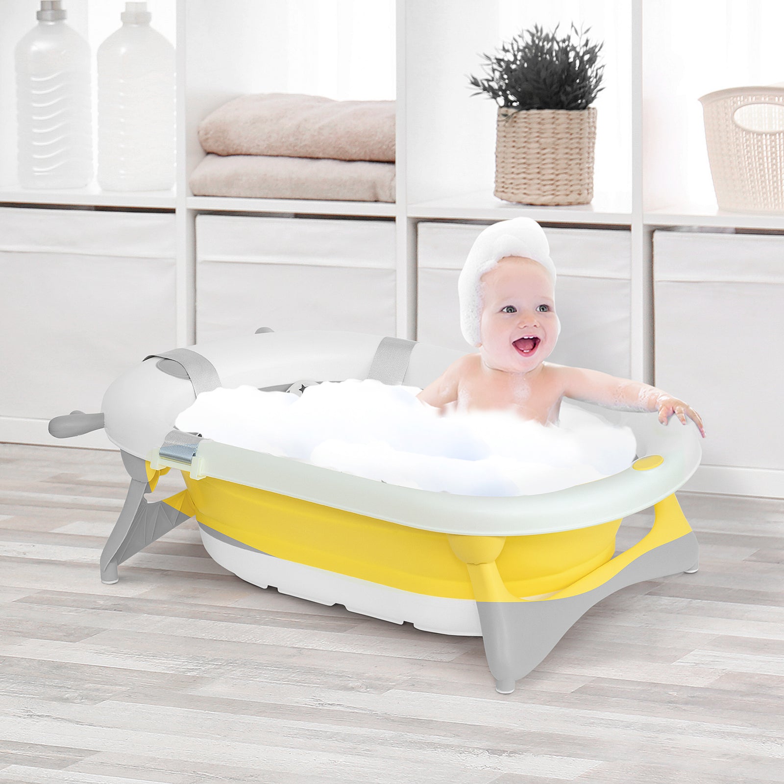Foldable Baby Bath Tub Ergonomic With Temperature-induced Water Plug | Yellow