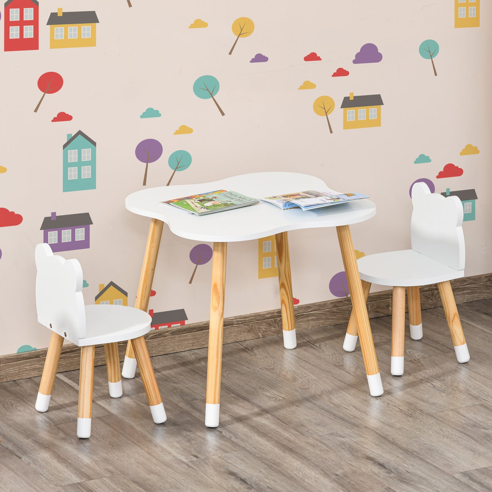 3 Piece Kids Table And Chair Set With 2 Bear-shaped Chairs, White