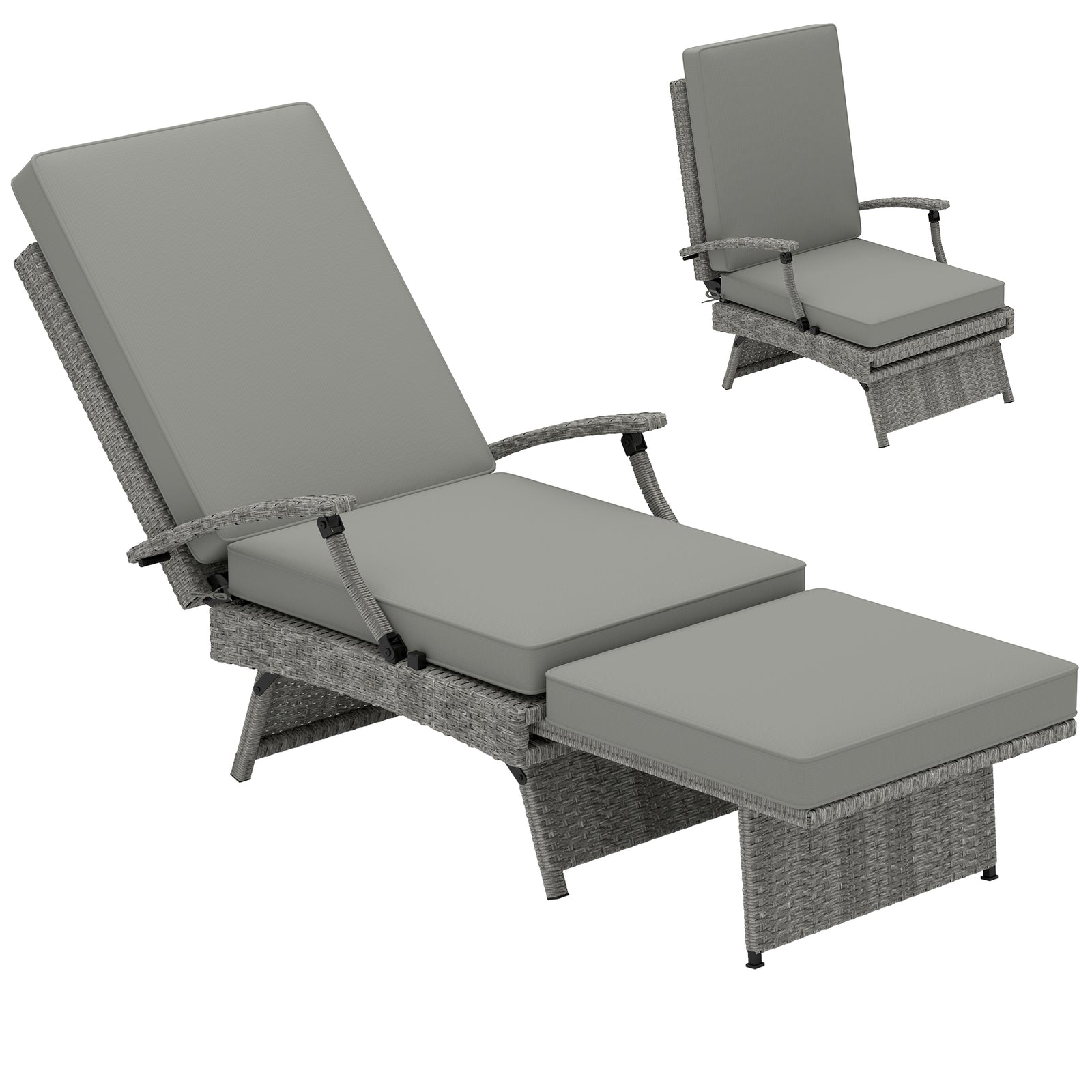 Foldable Rattan Garden Recliner Chair W/ Cushion, Footrest | Light Grey