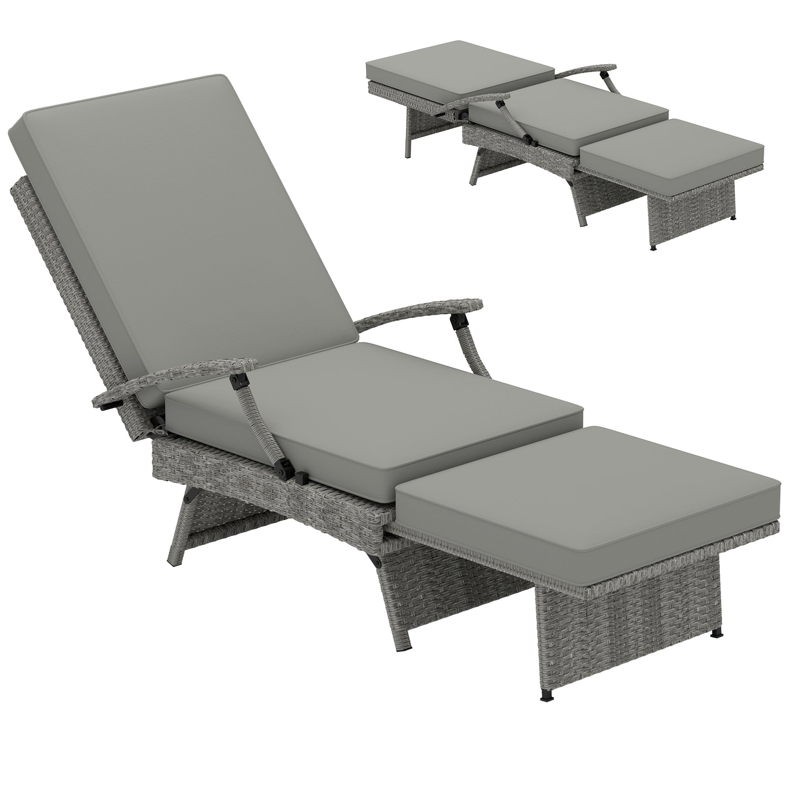 Foldable Rattan Garden Recliner Chair W/ Cushion, Footrest | Light Grey