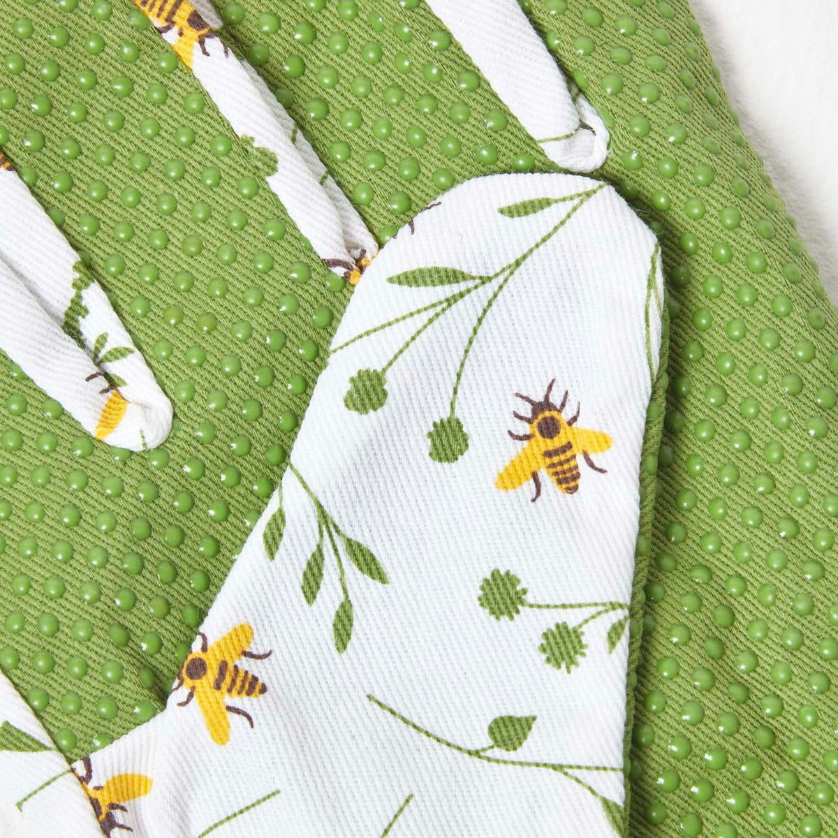 Green And White Gardening Gloves With Floral Bee Design