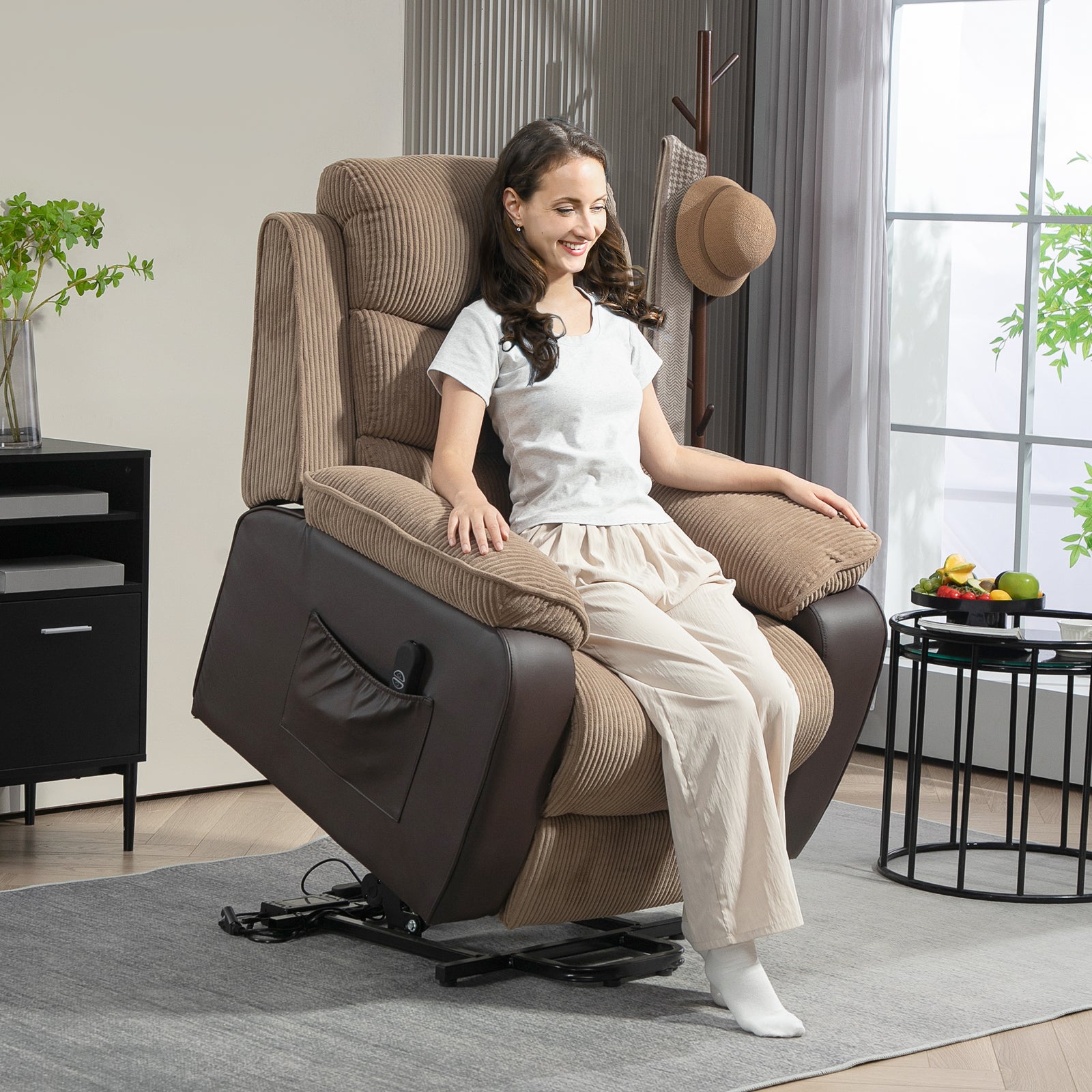 Power Lift Recliner Chair With Remote Control 2 Side Pockets | One Size | Brown