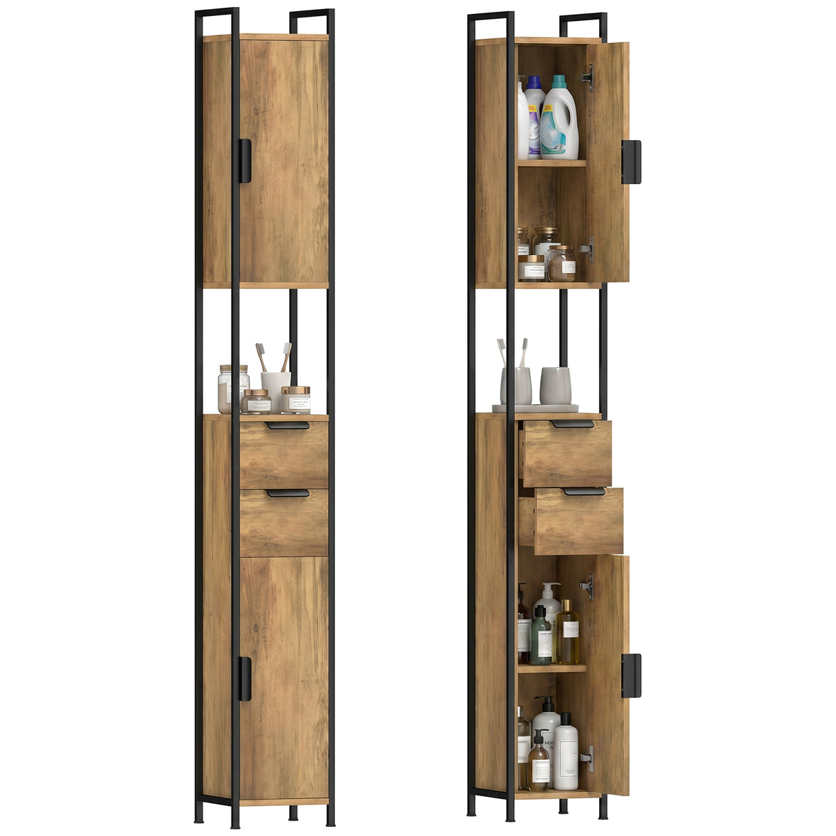 HOMCOM Freestanding Bathroom Cabinet With Drawers And Shelves, Brown