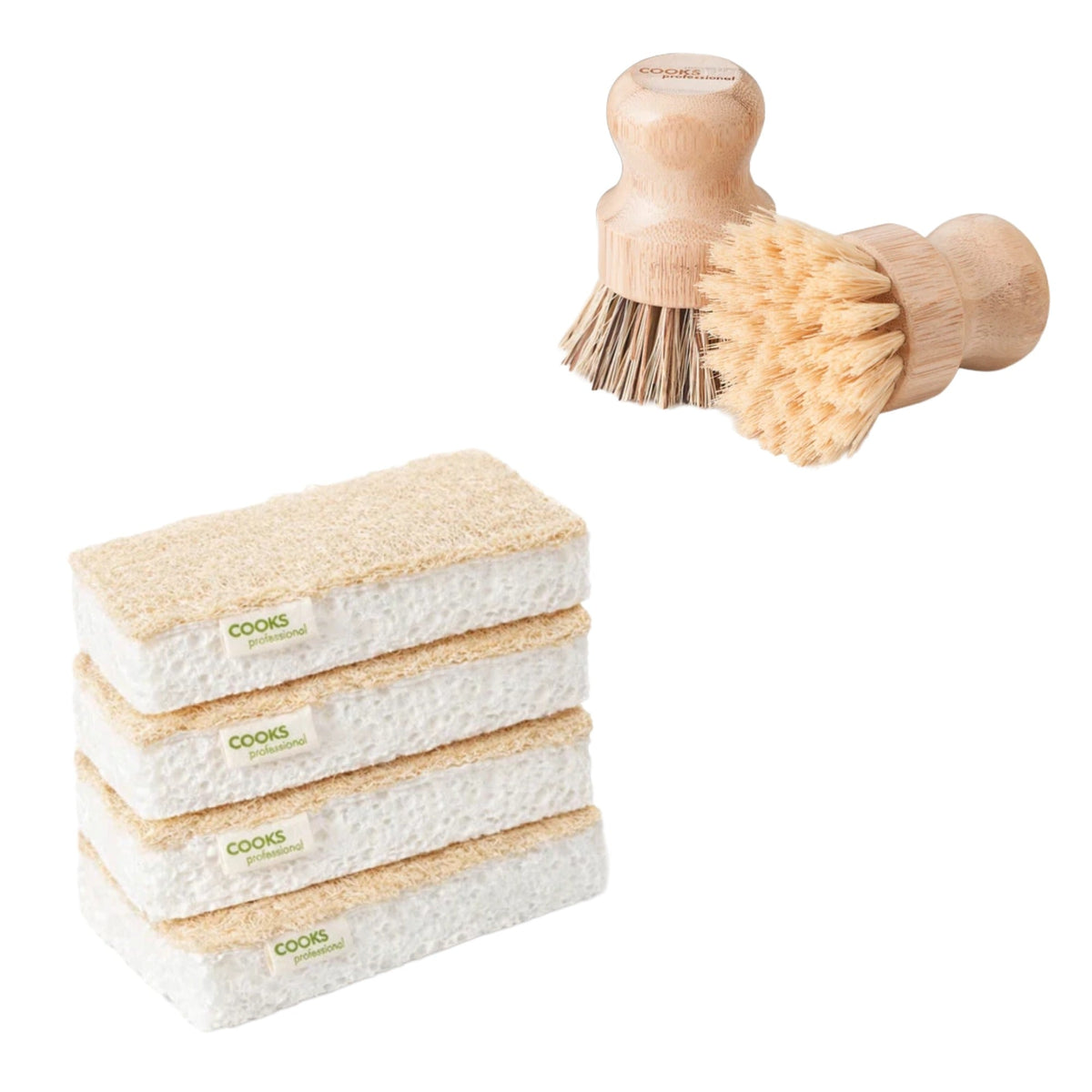 Set Of 4 Natural Scourer Sponges & 2 Bamboo Pot Brushes