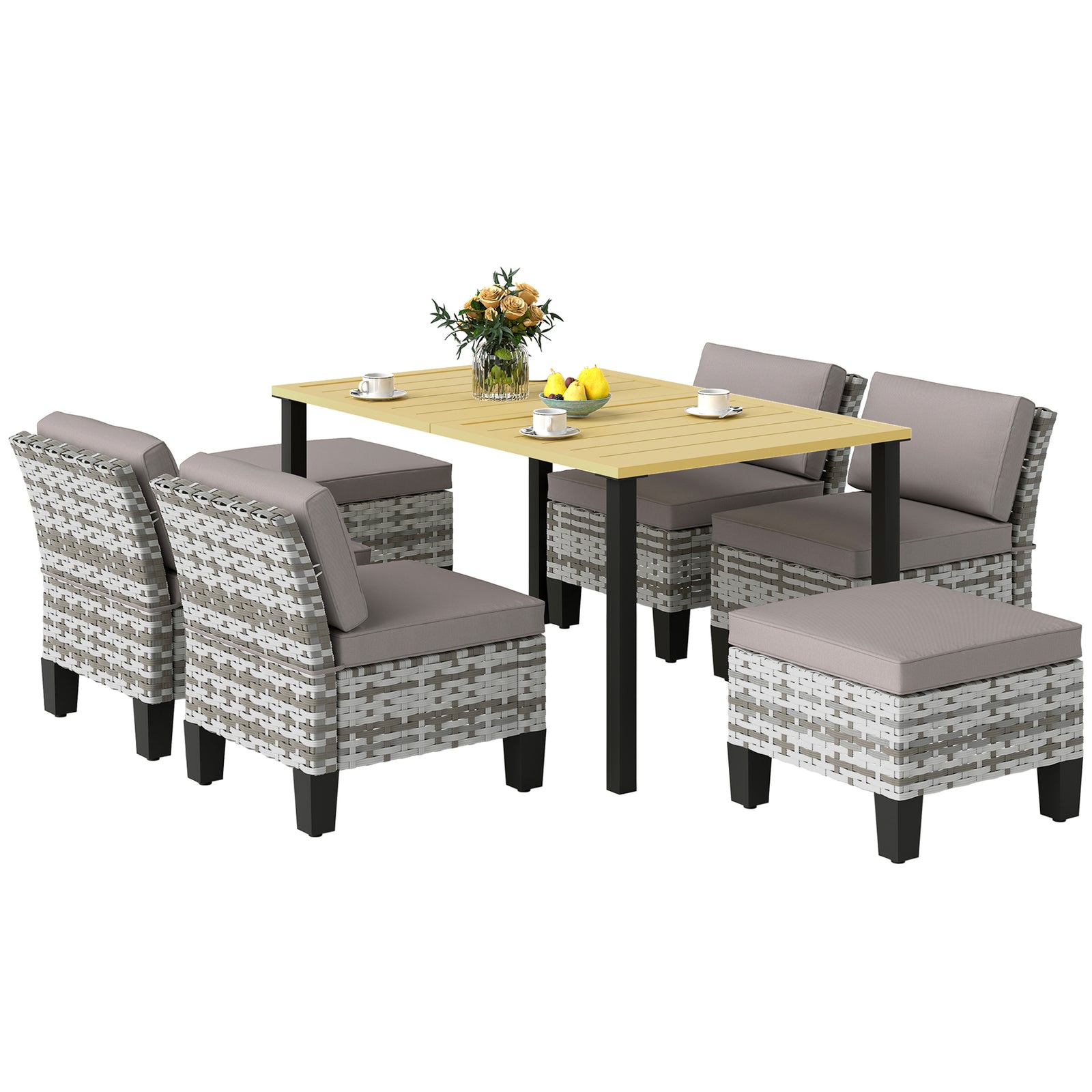 7-piece Rattan Dining Set, Slatted Metal Top Table, Grey