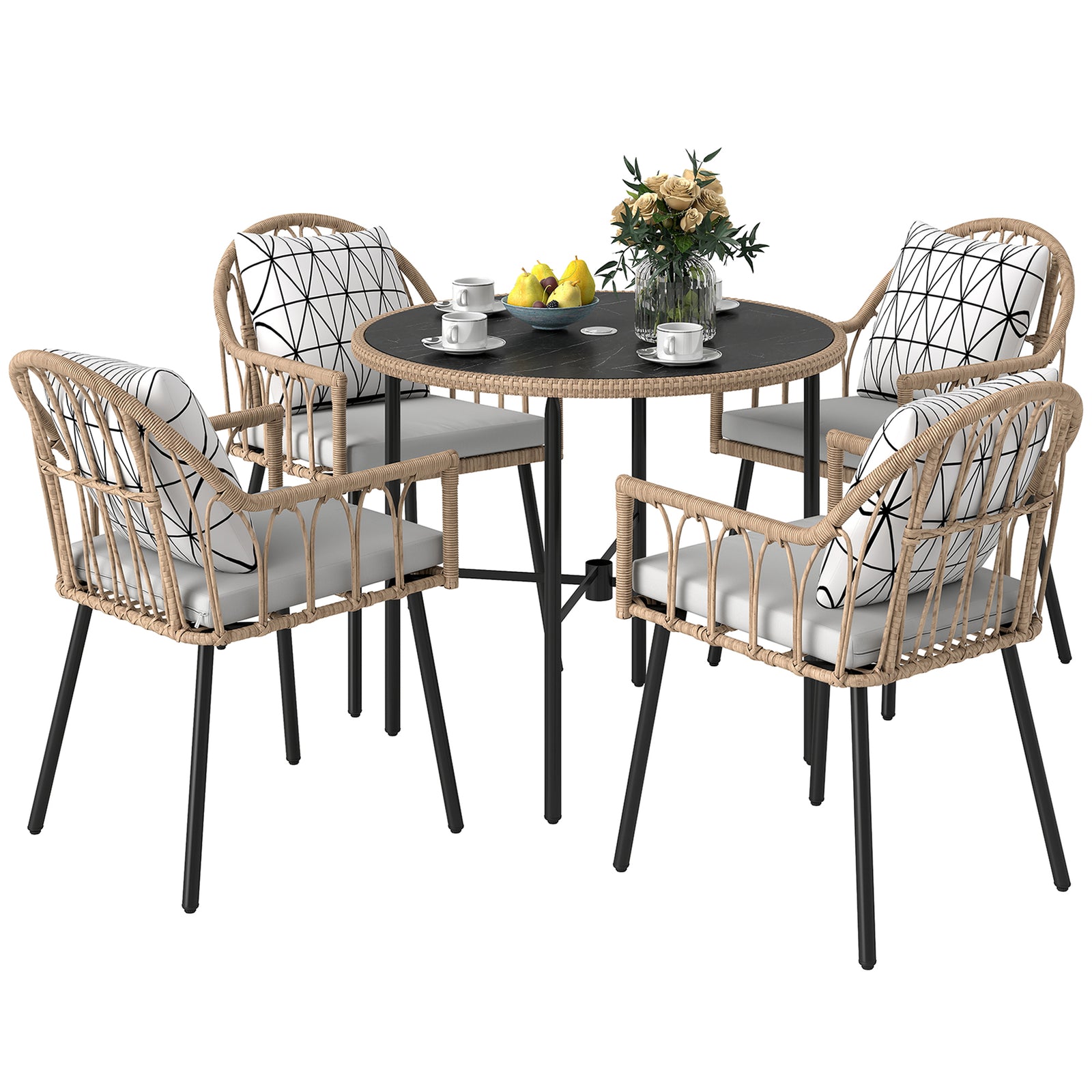 5 Piece Patio Rattan Dining Set, Removable Cushions | Brown