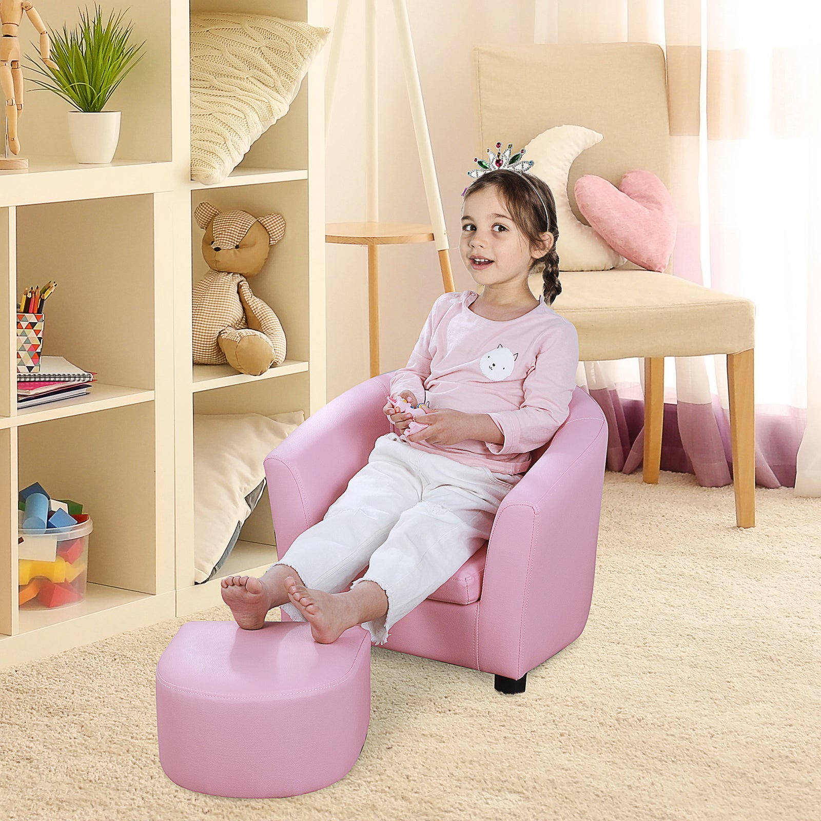 Kids Mini Sofa Children Armchair With Ottoman For Bedroom Playroom Pink