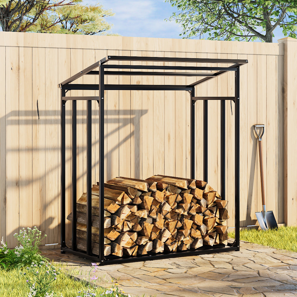 Firewood Rack With Rain Cover Outdoor Galvanised Steel Storage | Medium | Black