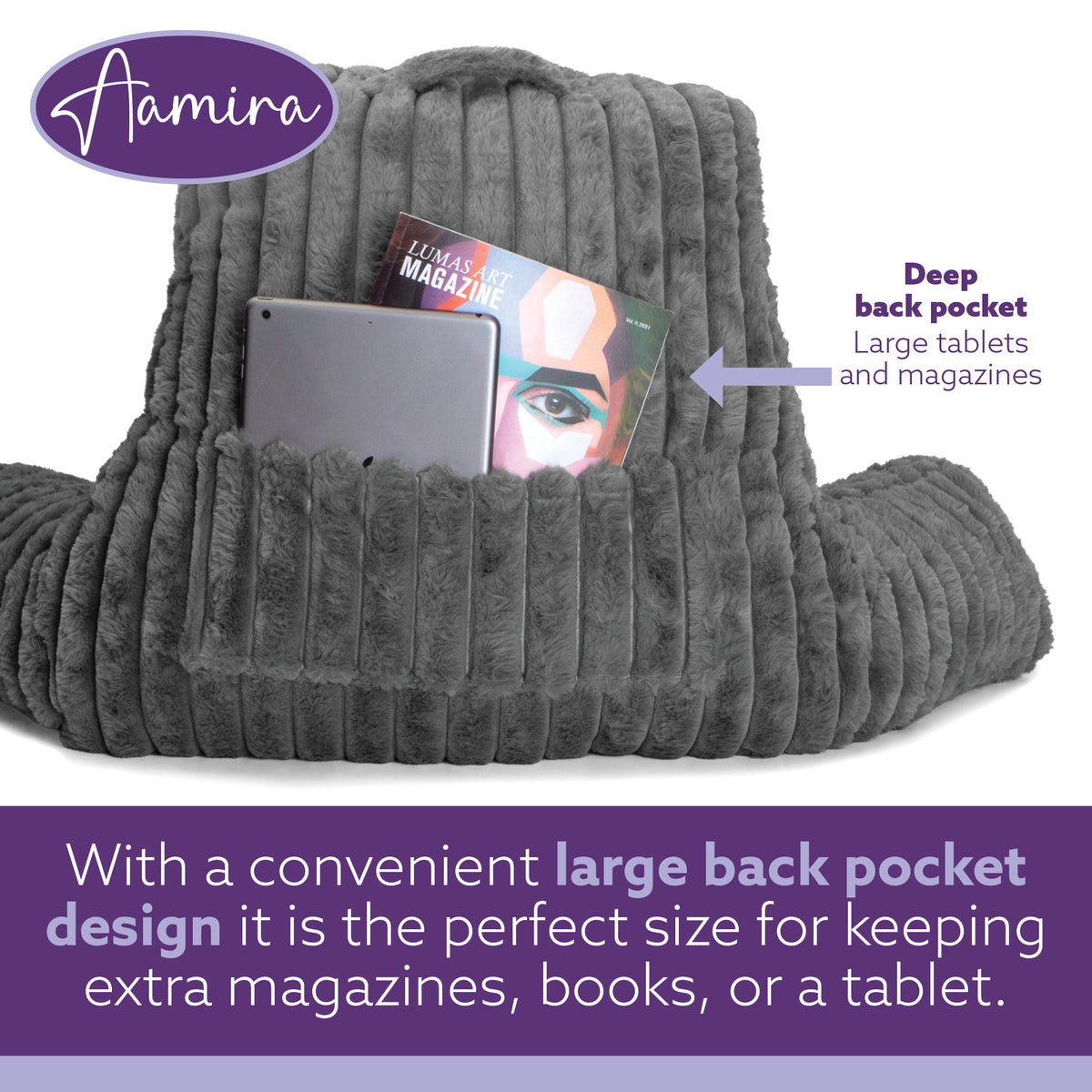 Deluxe Large Reading Pillow, Soft Ribbed Faux Fur, Shredded Memory Foam Cuddle Cuddle Cushion Backrest Arm Support | L | Grey