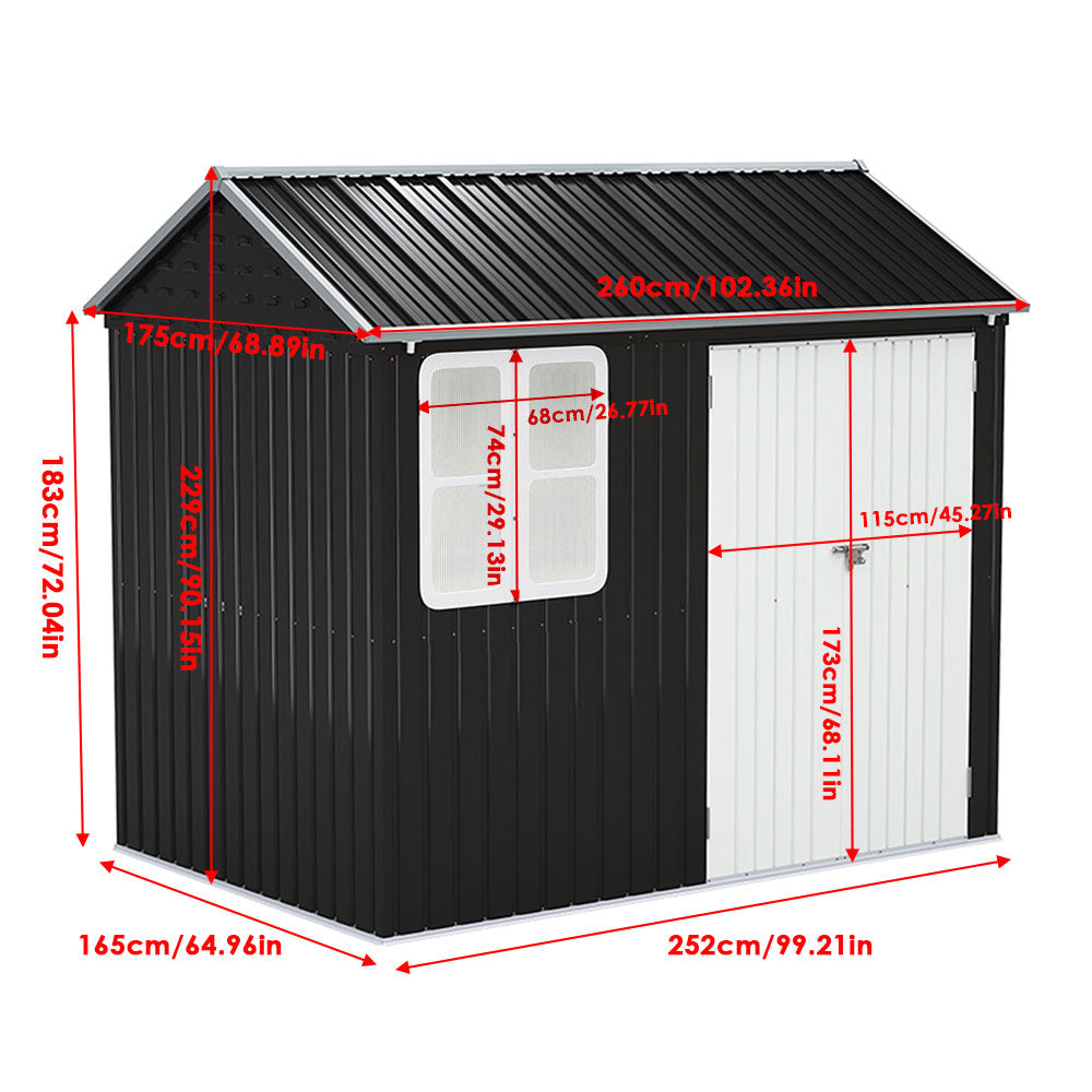 8.3 X 5.4ft Durable Metal Storage Shed With Lockable Double Doors Apex Roof Garden Shed