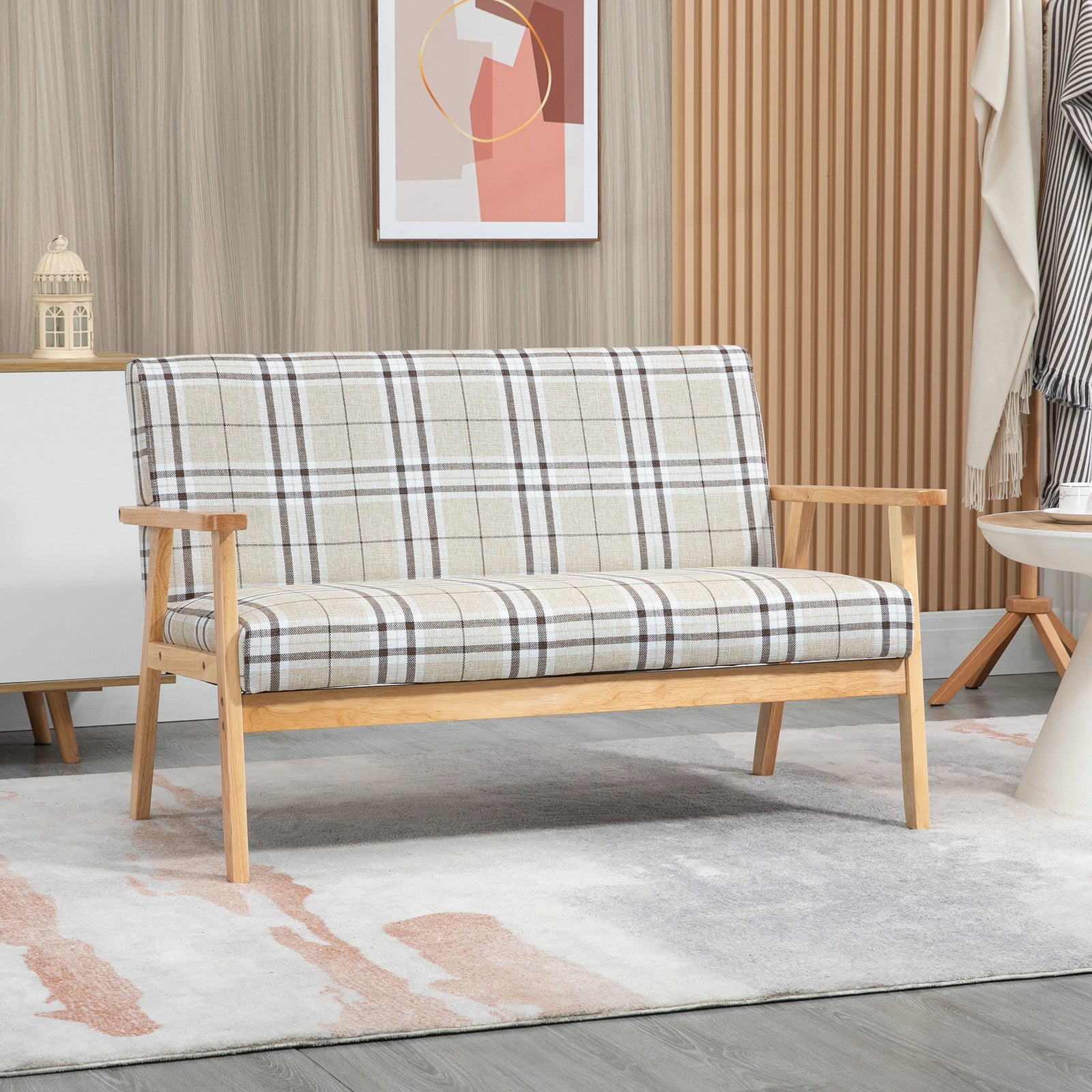 Two Seater Sofa With Rubber Wood Frame Linen Fabric