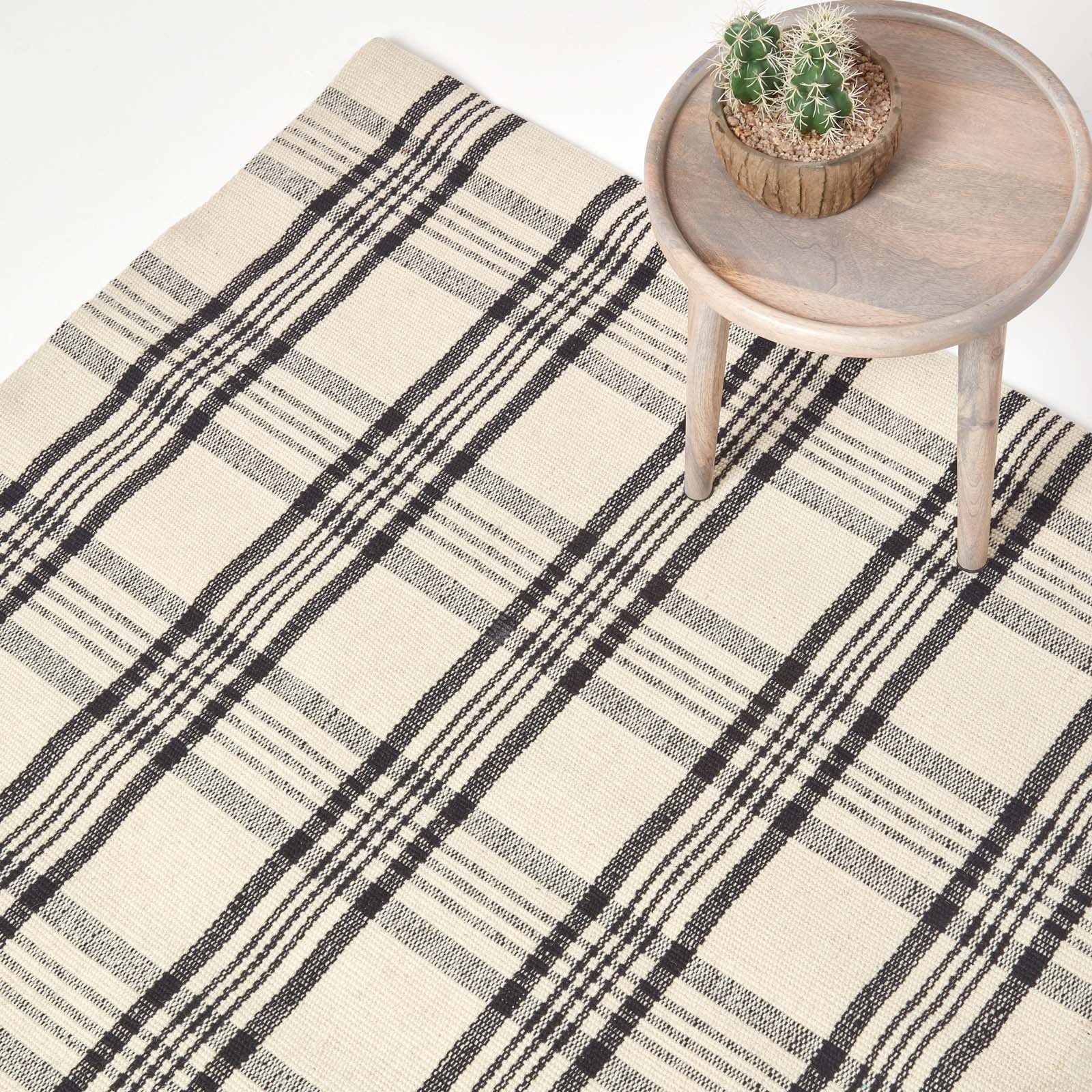Tartan Check Non-slip 100% Wool Rug | 120cm x 180cm | Black & White