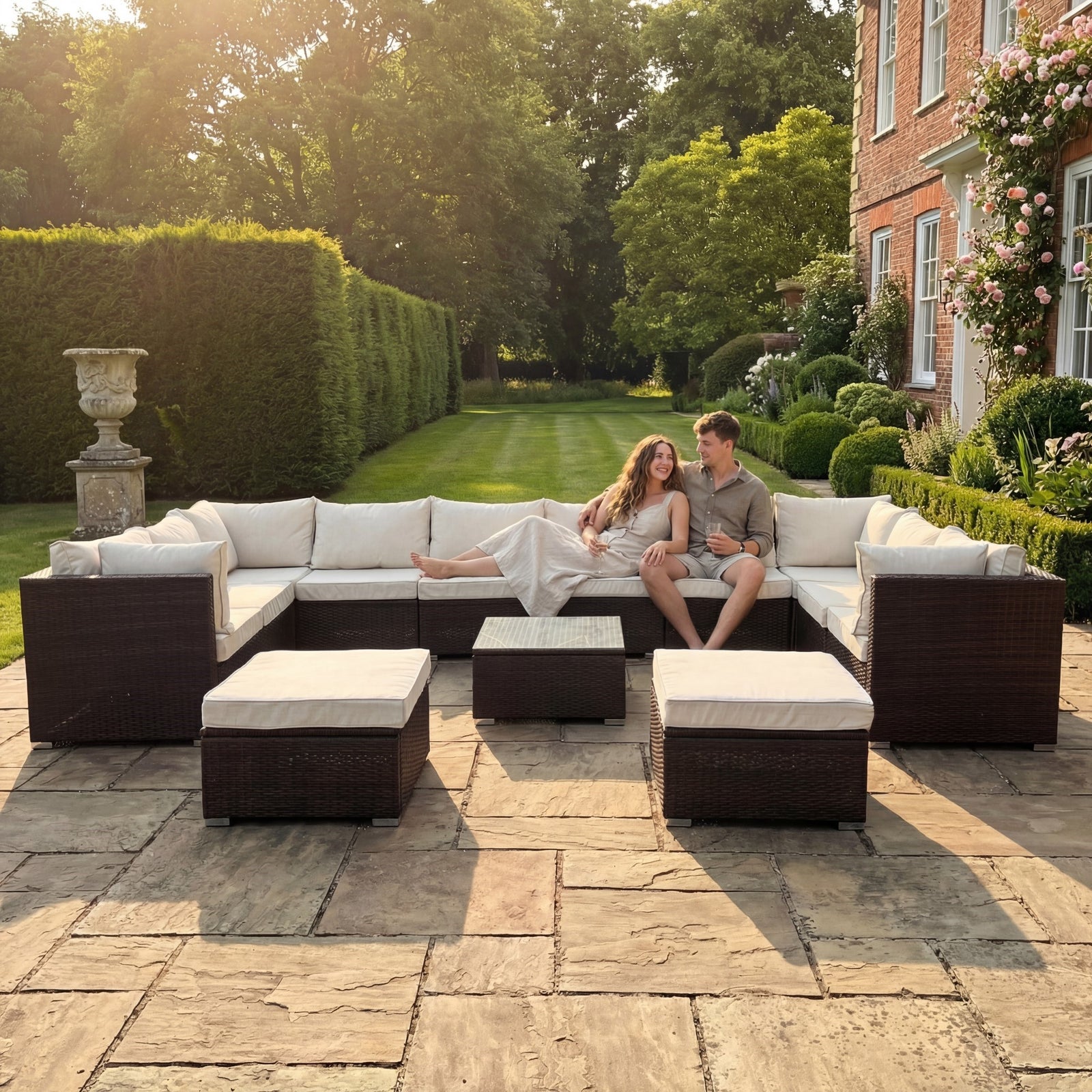 Oliena 12 Seat Modular Rattan Large U-shape Garden Furniture | Cream & Brown