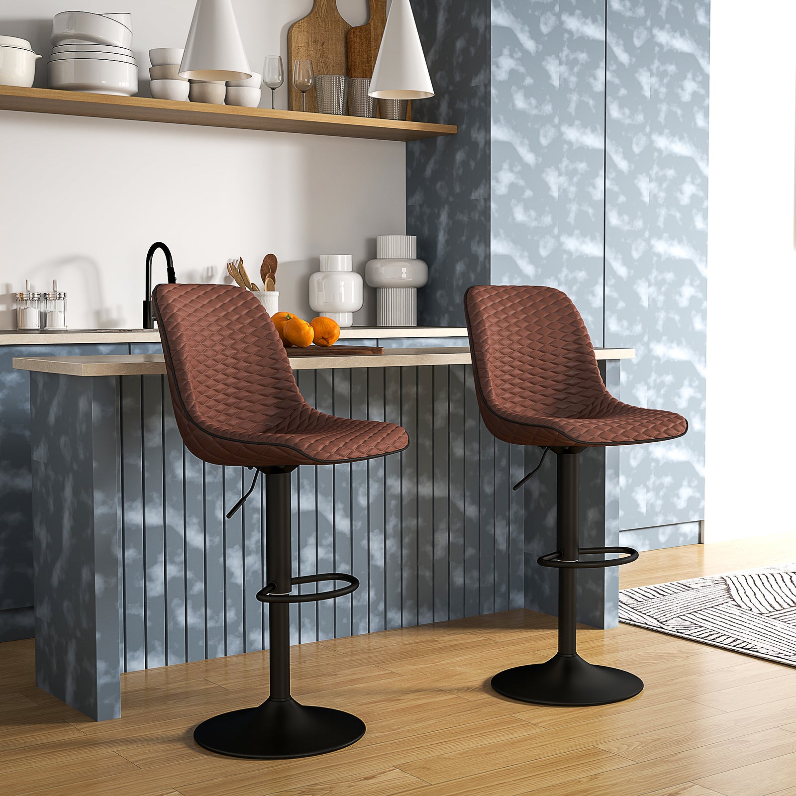 Set Of 2 Bar Stools, Adjustable Swivel Breakfast Barstools | Set of 2 | Brown