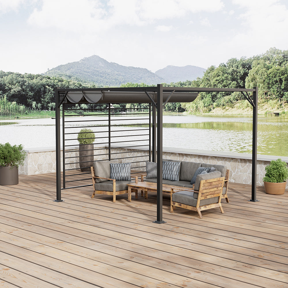 3x 2.8m Metal Outdoor Pergola With Retractable Roof & Pa-coated Polyester,outdoor Gazebo Canopy Shelter With Grommet Holes For Garden