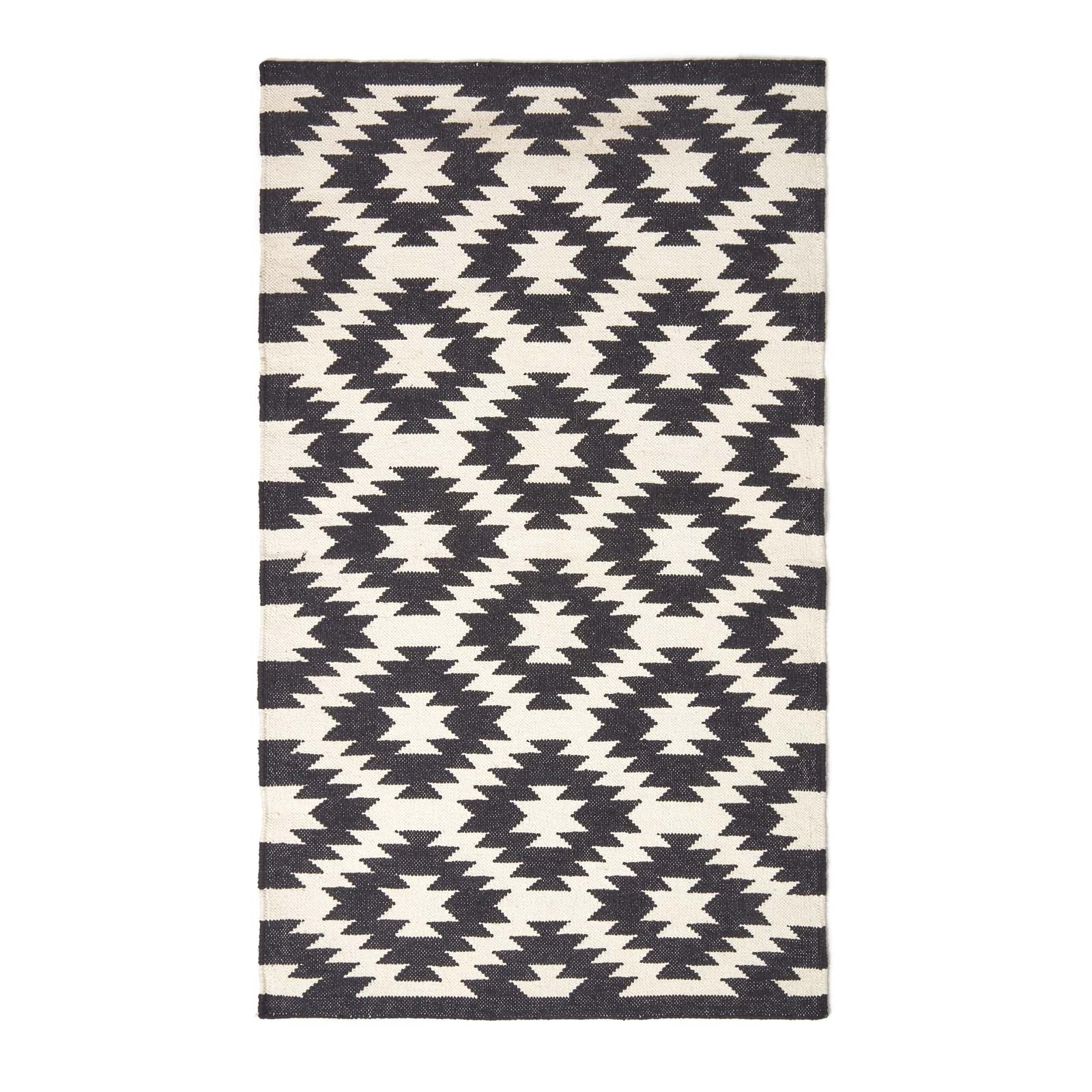 Zurich Handwoven Black And White Cotton Geometric Kilim Rug | 150cm x 95cm | Black & White