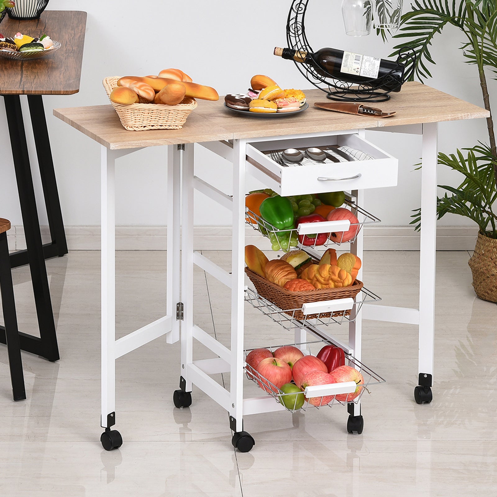 Drop Leaf Trolley With Baskets, 6 Wheels