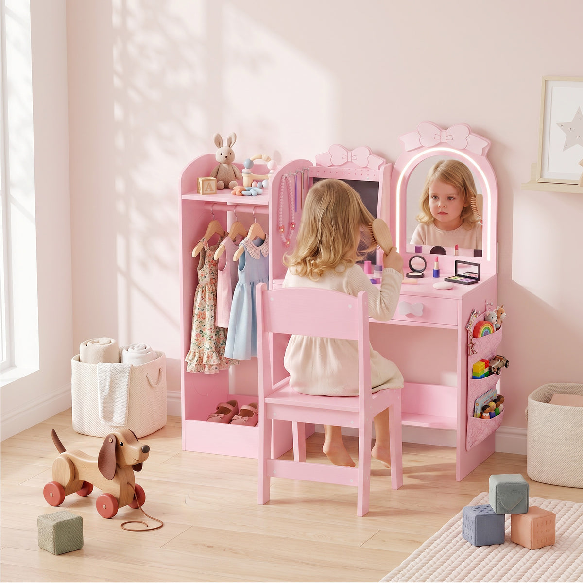 AIYAPLAY Kids Dressing Table With Stool, 2-colour Lights Mirror, Pink