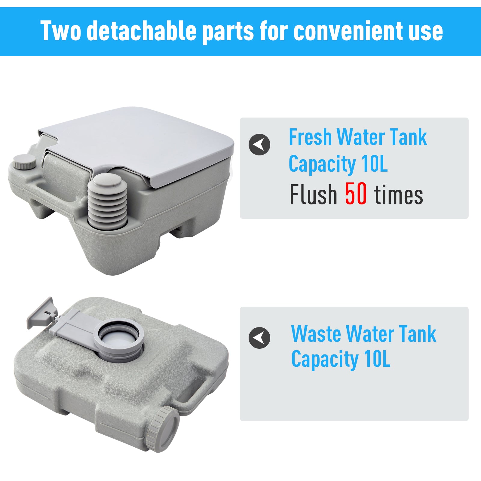 10l Portable Travel Toilet With Detachable Tanks - Grey | Gray