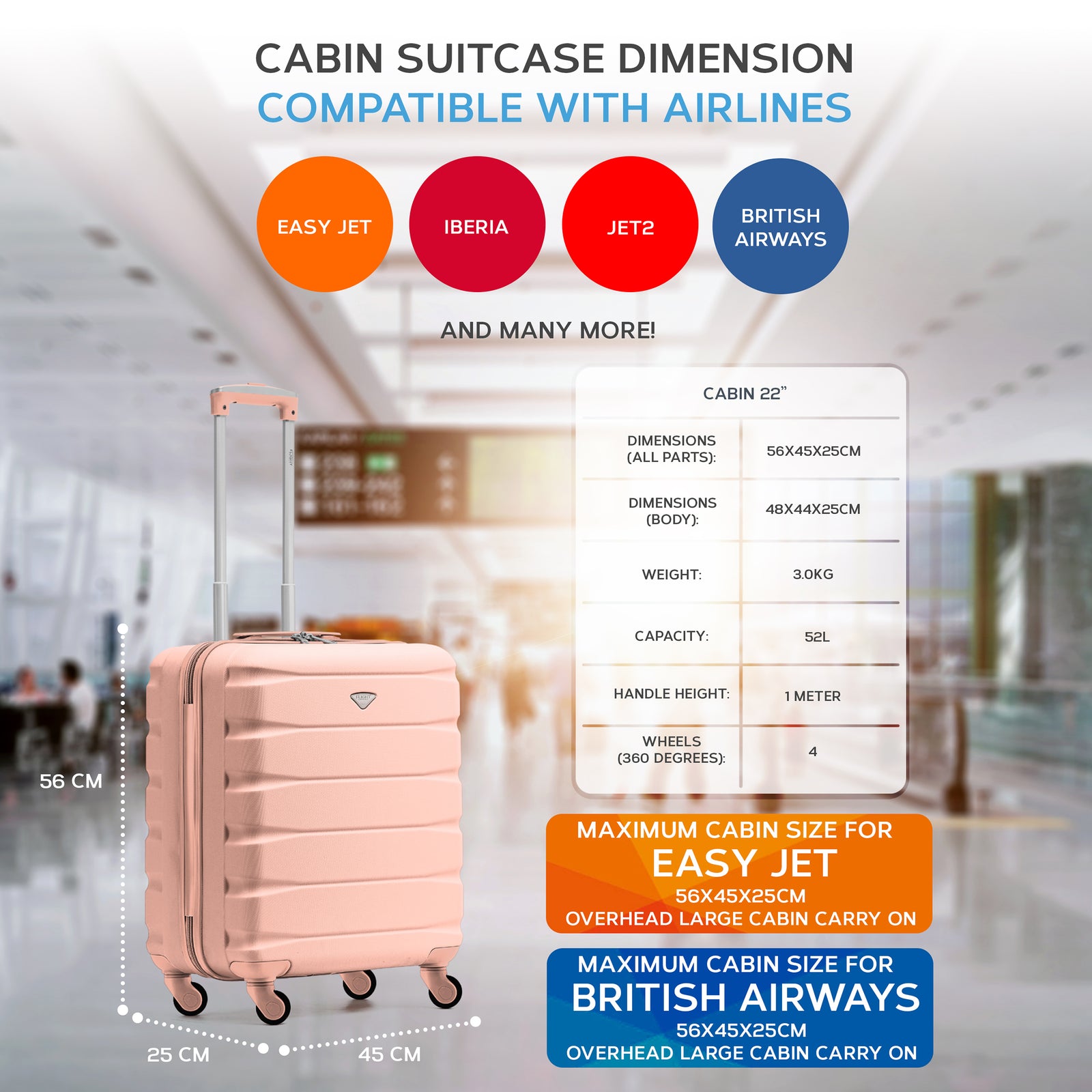 56x45x25cm Large Cabin Carry On Case - Overhead Luggage Suitcase - 4 Spinner Wheels - Abs Shell | 56 x 45 x 25cm | Rose Gold