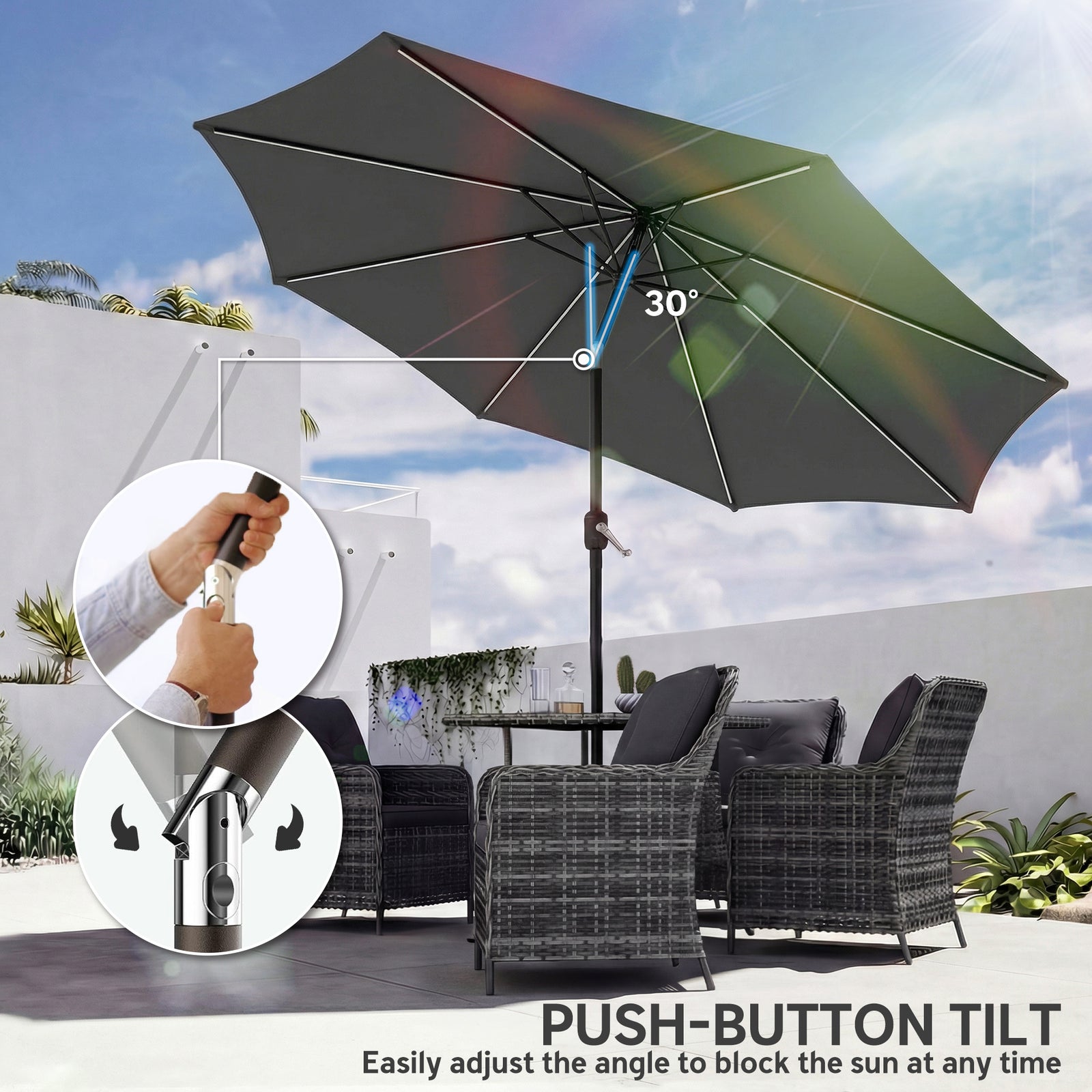 3 M Garden Parasol Umbrella With Led Lights, Patio Umbrella | Grey