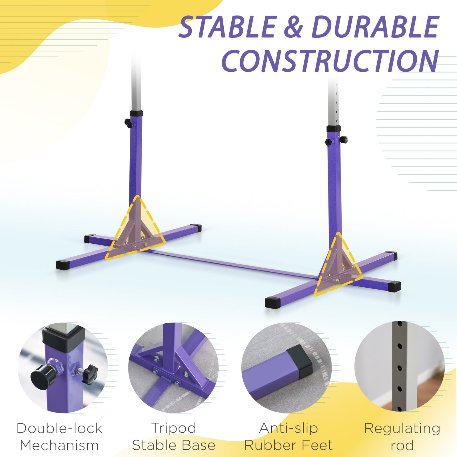 Adjustable Kids Gymnastics Bar Horizontal Training Steel Frame Wood | Purple