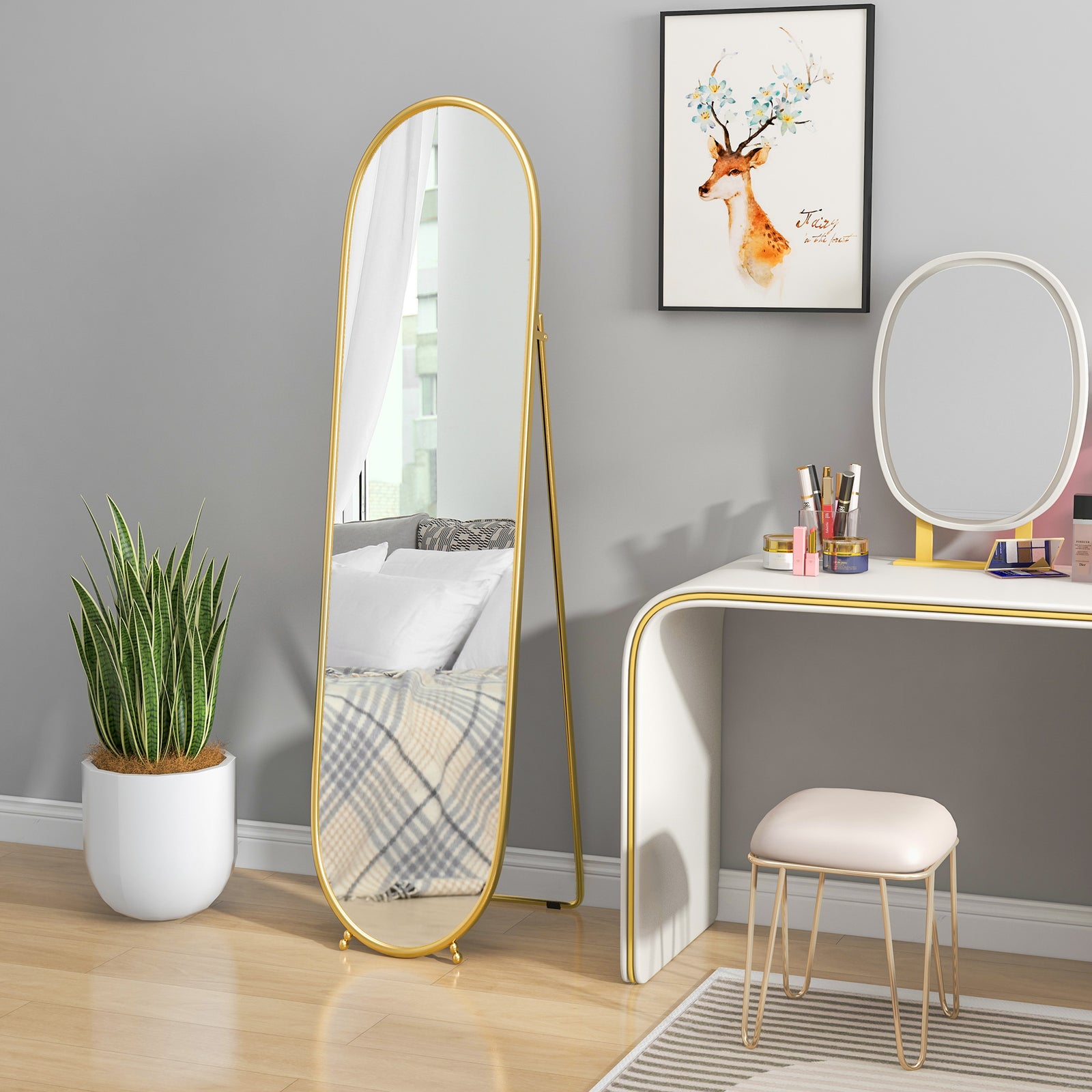 Oval Full Length Mirror With Metal Frame Hanging Or Leaning | One Size | Gold