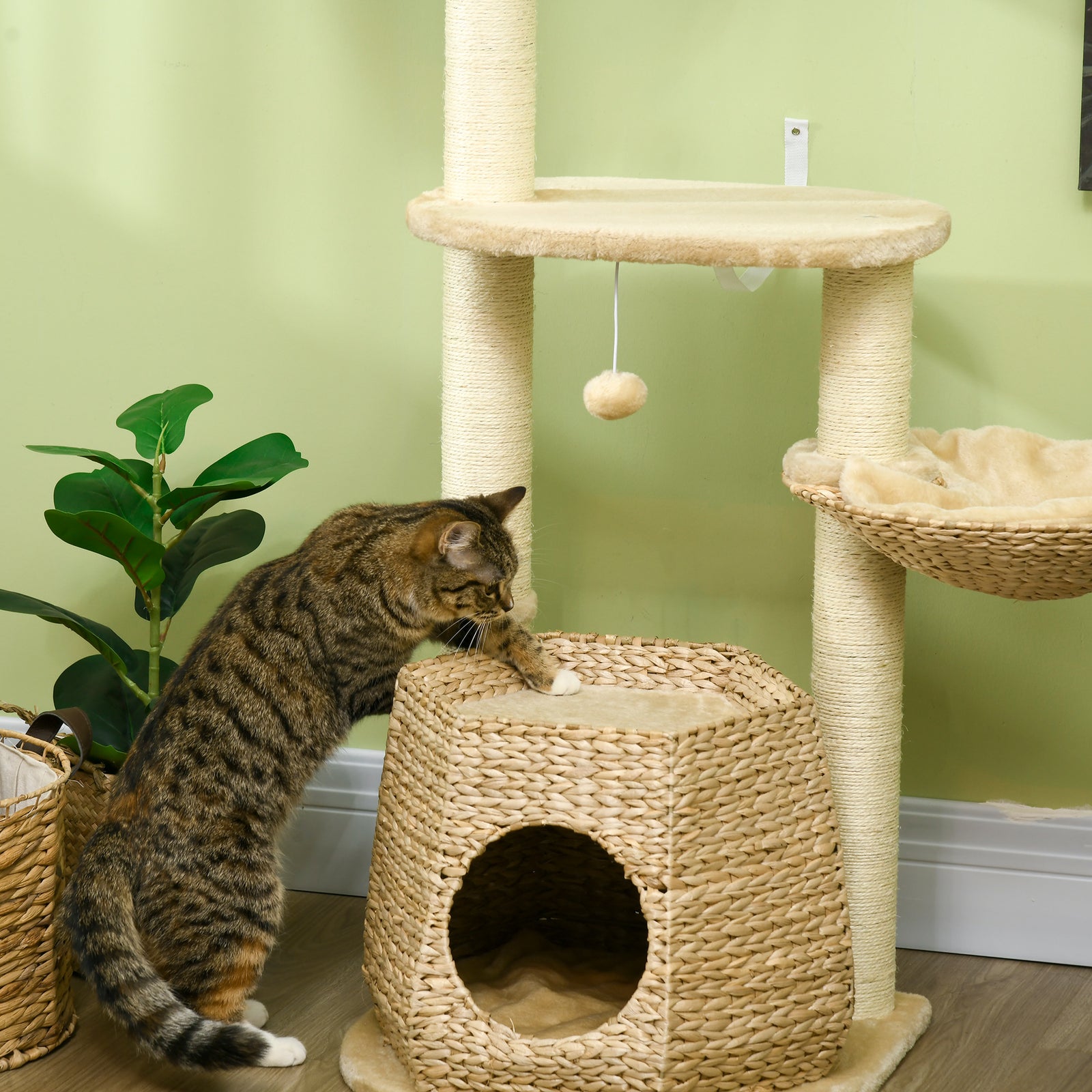 Cat Tree Activity Centre With Cattail Fluff Bed House Sisal Post Ball