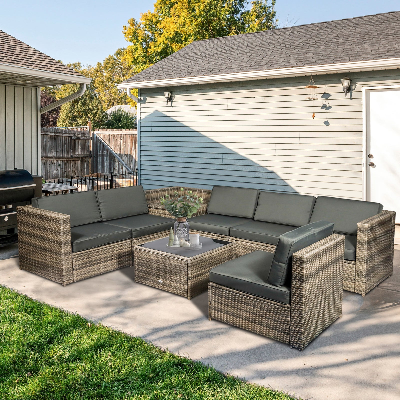 8pcs Patio Rattan Sofa Set Garden Furniture Side Table | Brown