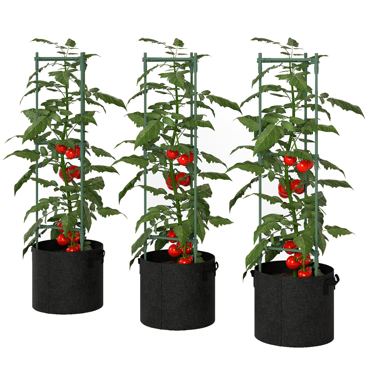 Outsunny 3 Packs Tomato Cages With 83.7l Grow Bags, 120cm Plant Stakes