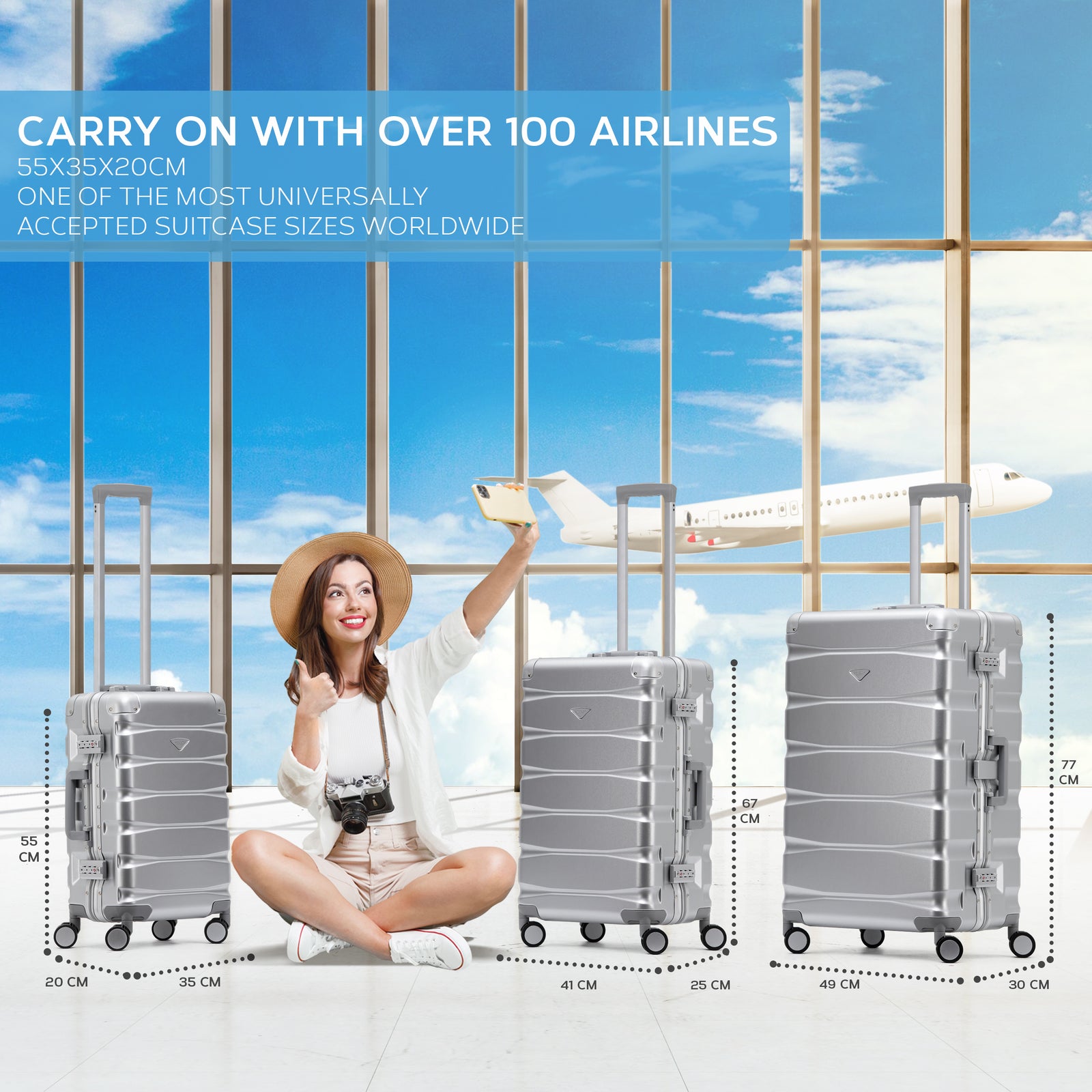Set Of 3 Aluminium Frame/ABS Body Outer Cabin Carry & Check In Hold Luggage. Overhead Cabin Bag + Medium & Large Check-in Hold Suitcases | Set-of-3 | Silver