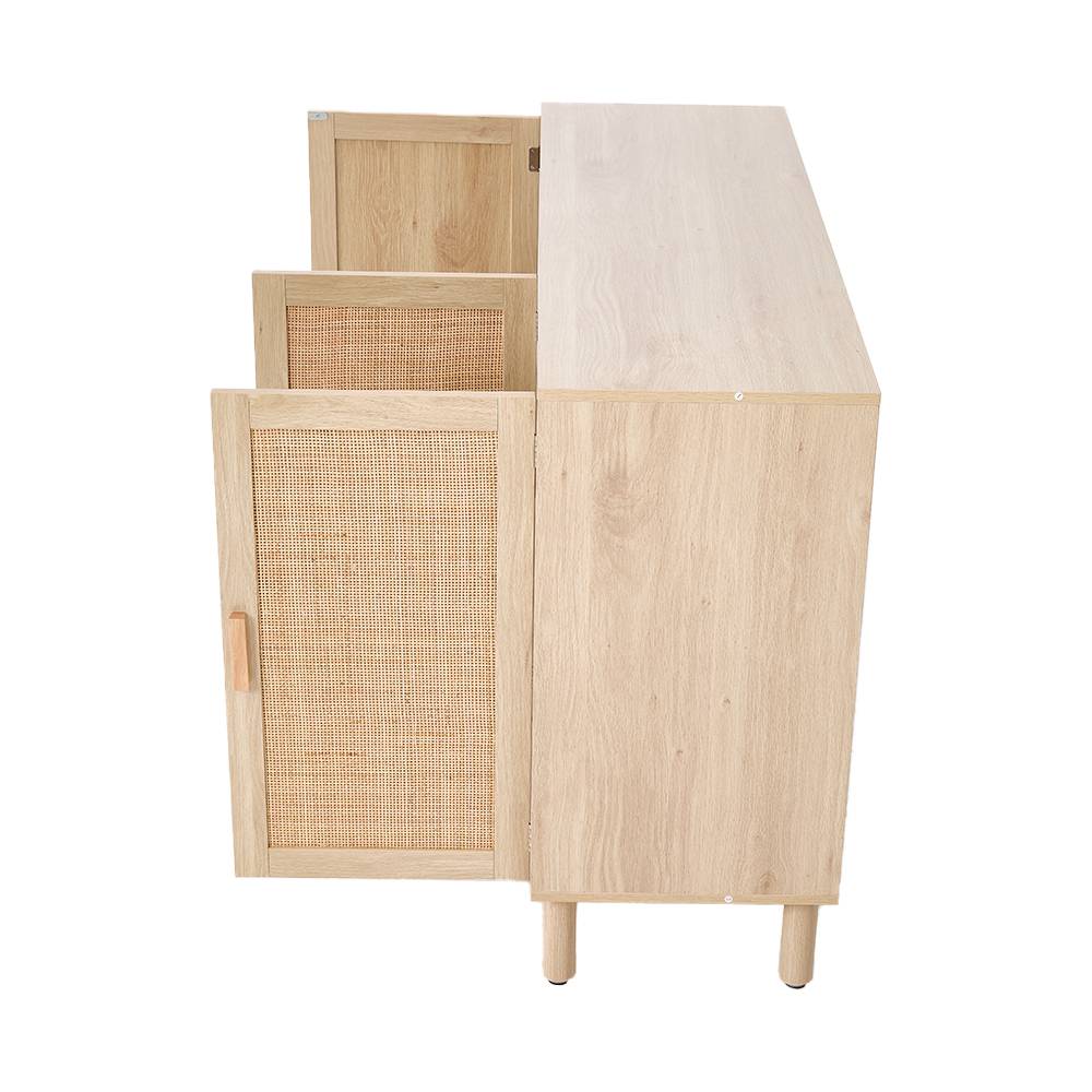 Solid Wood Sideboard with Rattan Doors, 3-Door Storage Cabinet, Oak Finish, Soft-Close, Freestanding, 120cm W