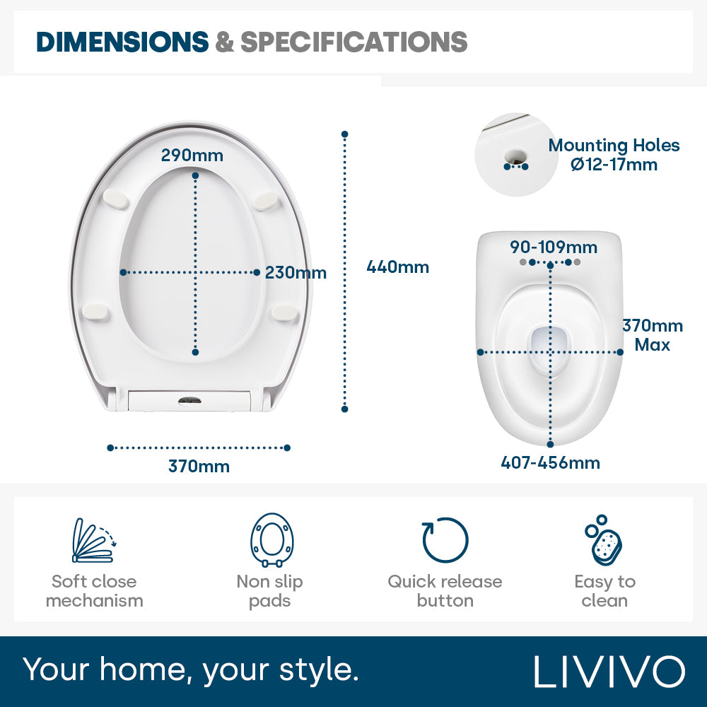 Livivo Soft Close Toilet Seat - Oval White With Quick Release Button For Easy Cleaning