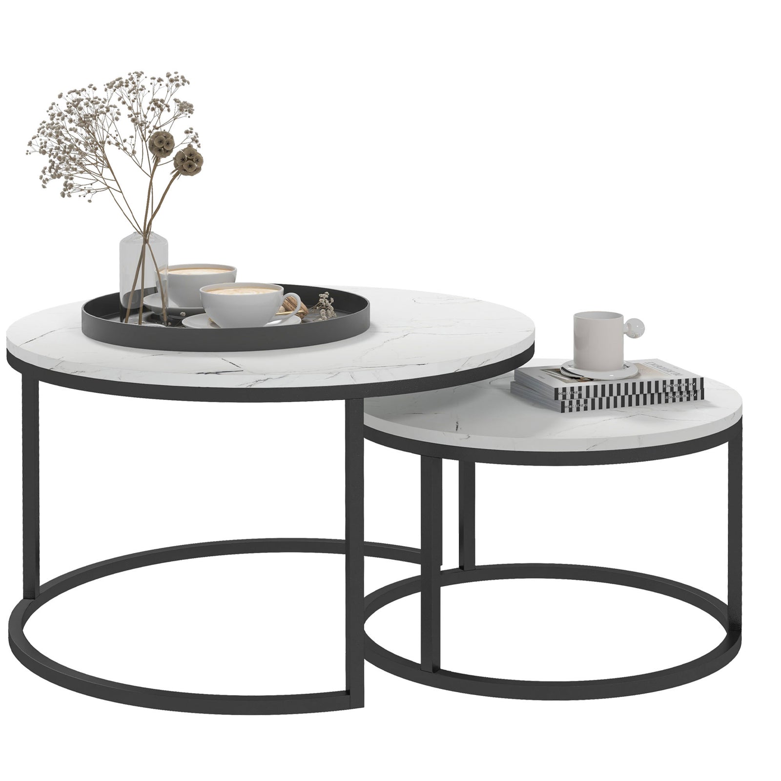 Stacking Coffee Tables Set, Marble Effect | White