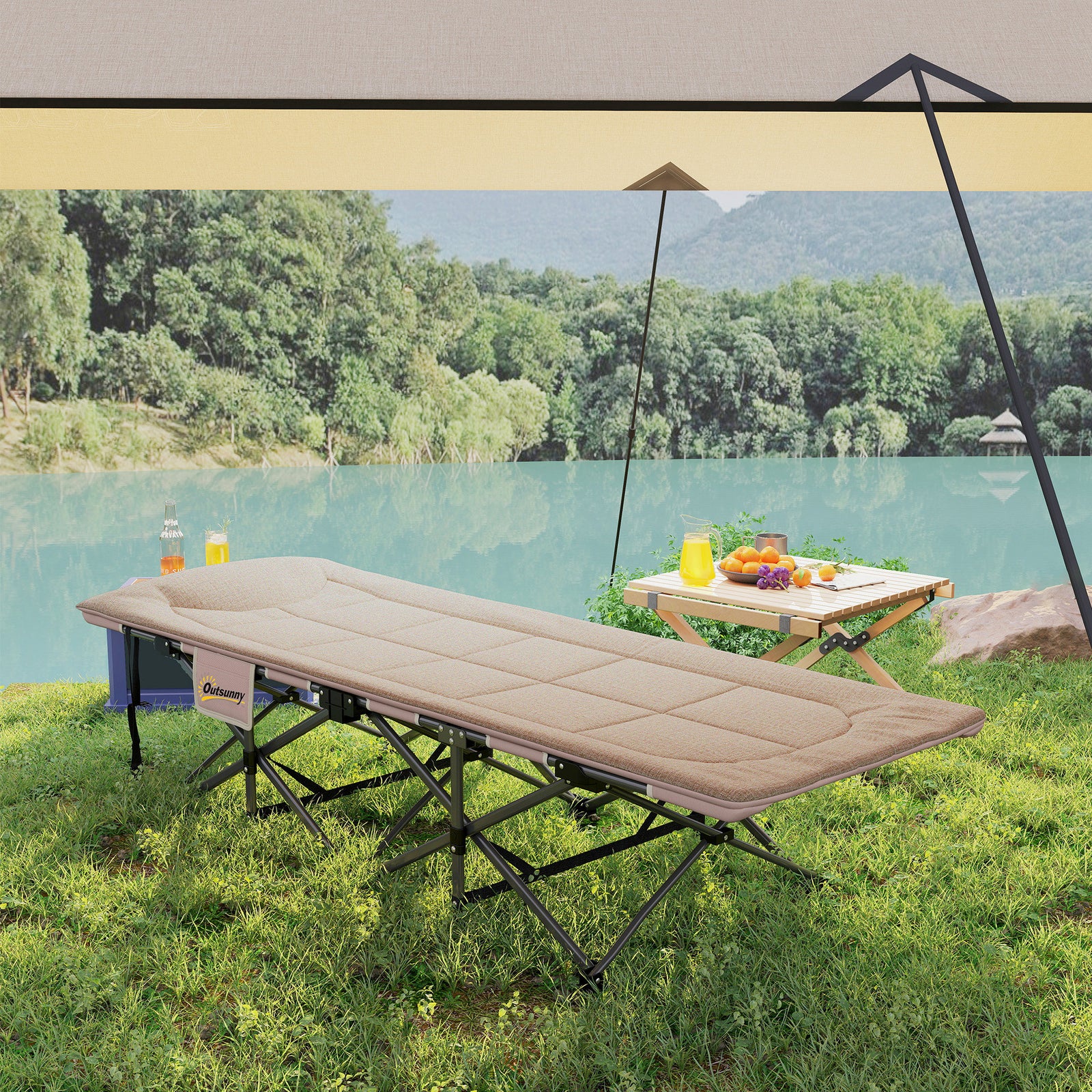 Folding Camping Bed With Cushion | Khaki