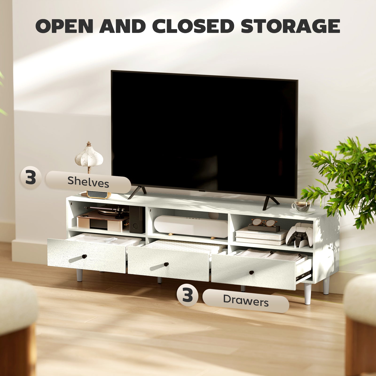 Tv Unit, Tv Cabinet For Up To 75", With Drawers, Shelves